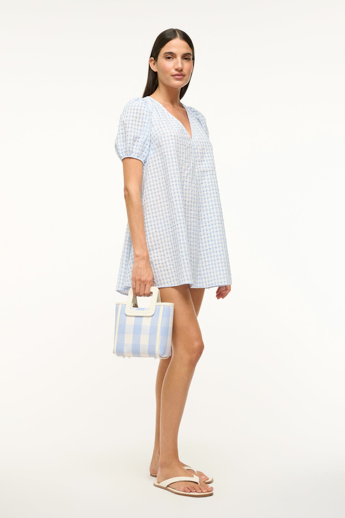 Mini Shirley Bag in Sky Gingham with Adjustable Strap & Leather Pouch