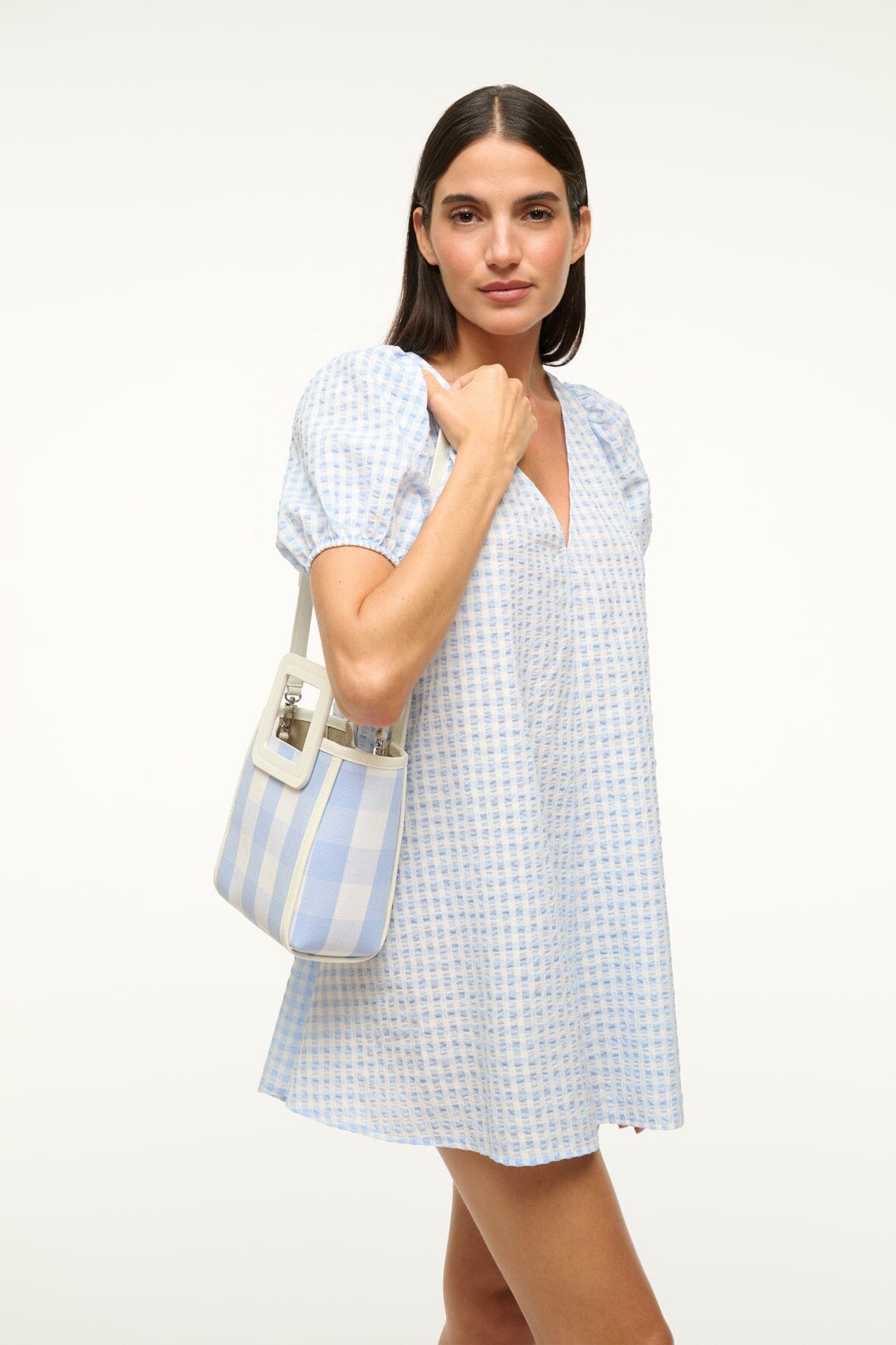 Mini Shirley Bag in Sky Gingham with Adjustable Strap & Leather Pouch
