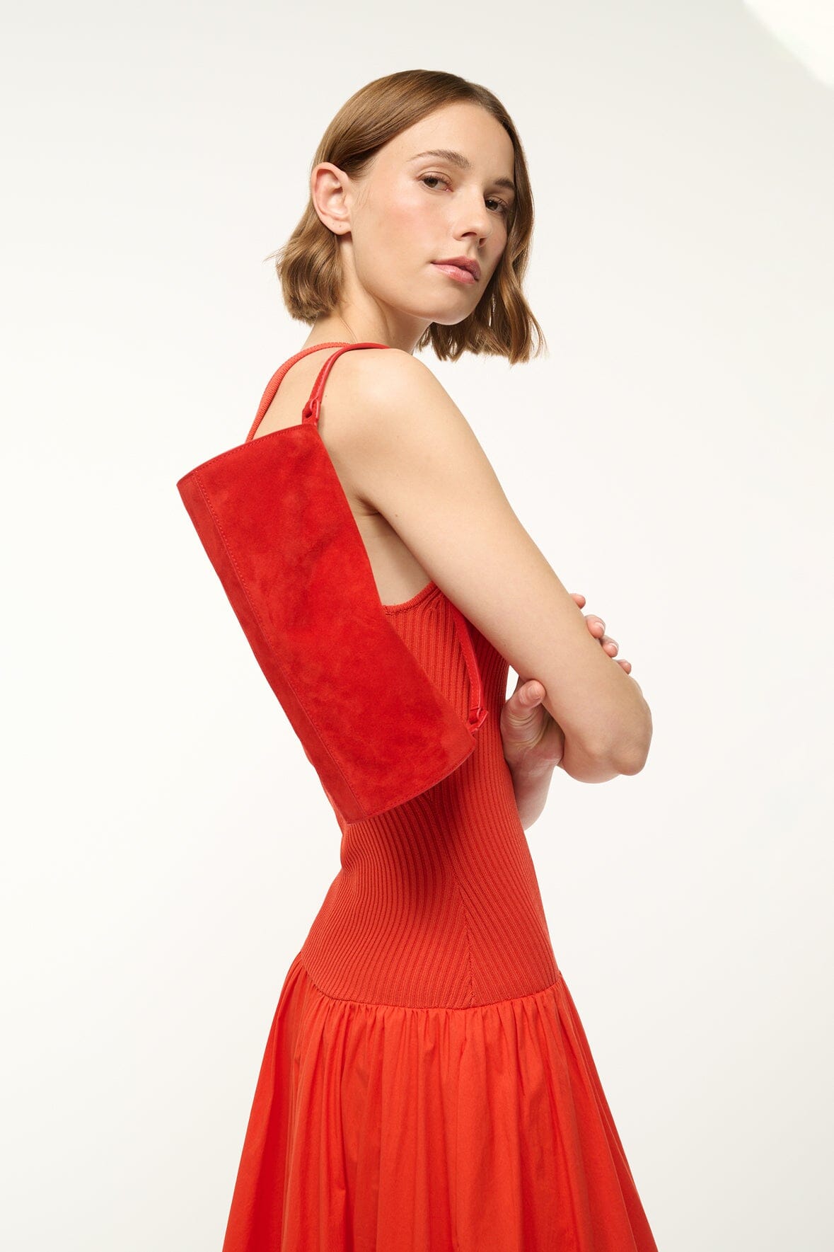 Red Rose Suede Mini Taru Shoulder Bag with Zip Closure