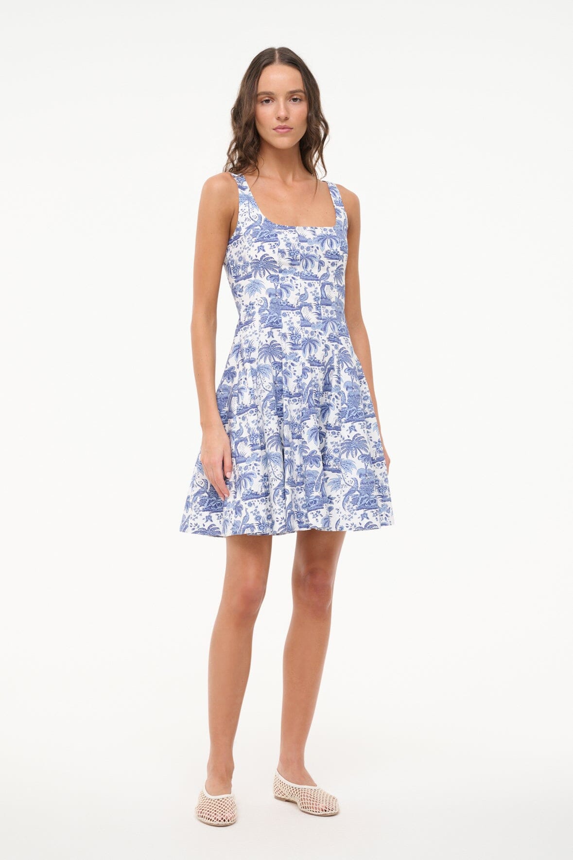 Blue Toile Mini Wells Dress - Corset Waist Cotton Poplin