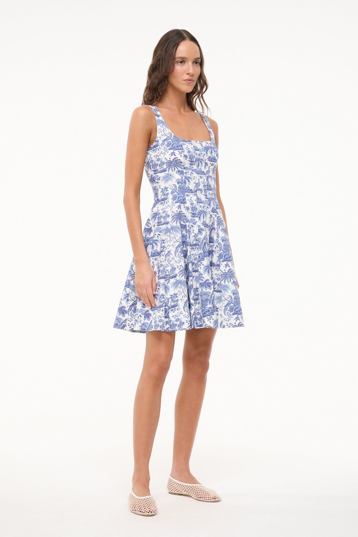 Blue Toile Mini Wells Dress - Corset Waist Cotton Poplin