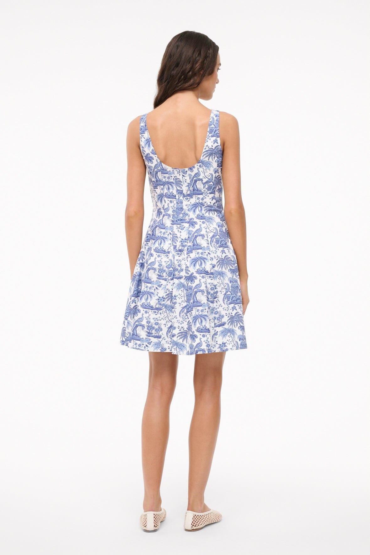 Blue Toile Mini Wells Dress - Corset Waist Cotton Poplin