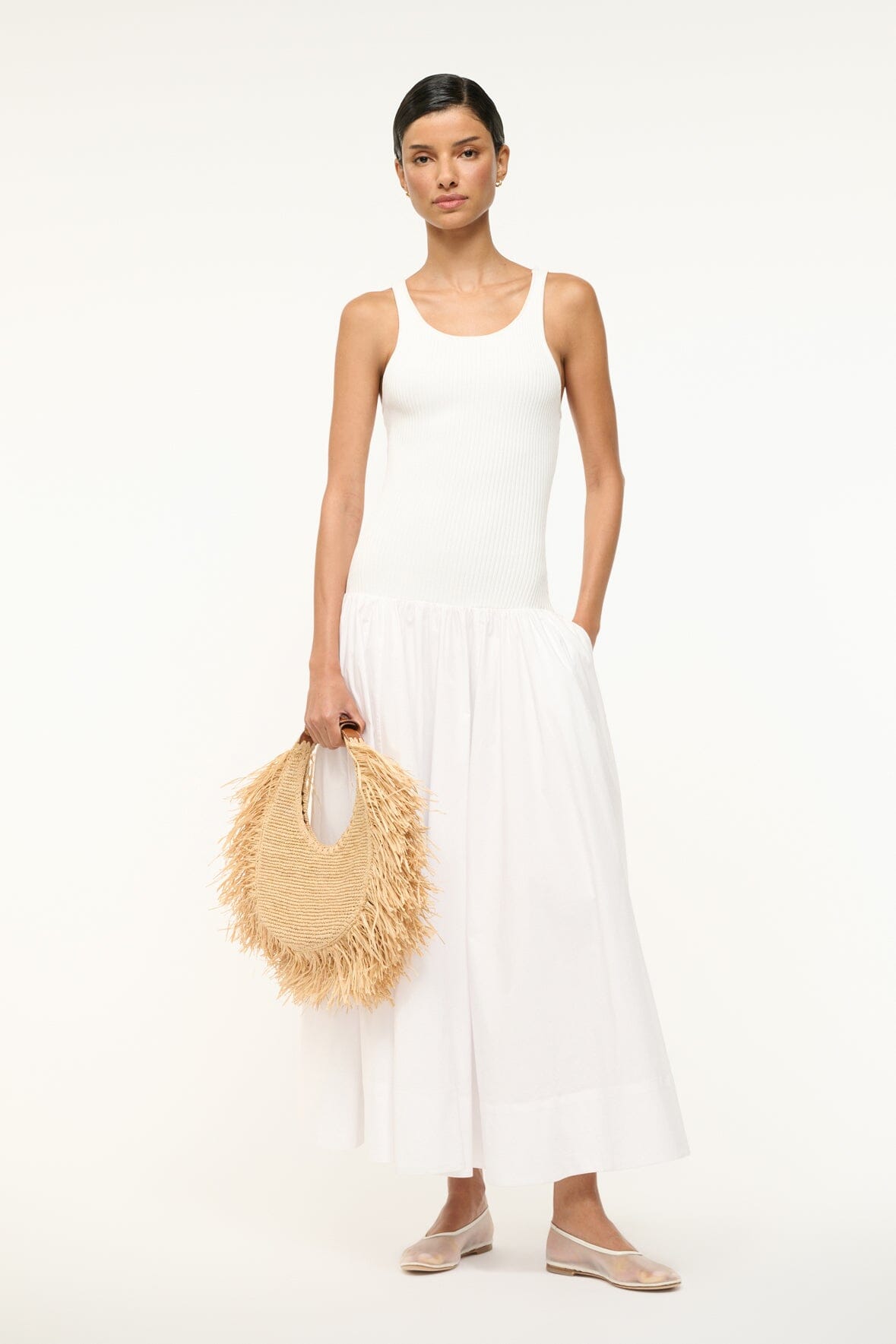 STAUD Moon Raffia Tote Bag with Natural Fringe & Leather Handle
