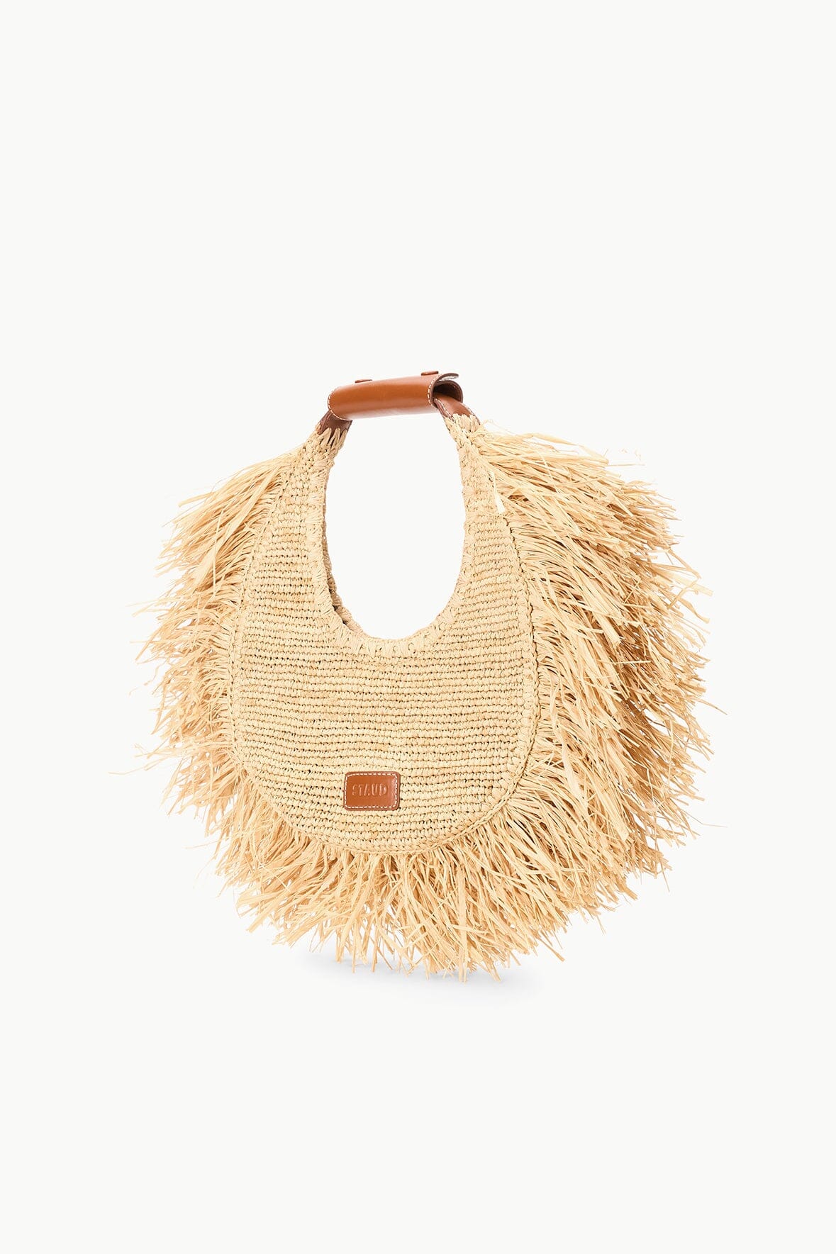 STAUD Moon Raffia Tote Bag with Natural Fringe & Leather Handle
