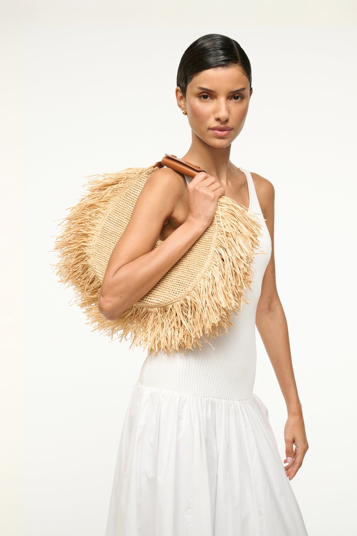 STAUD Moon Raffia Tote Bag with Natural Fringe & Leather Handle