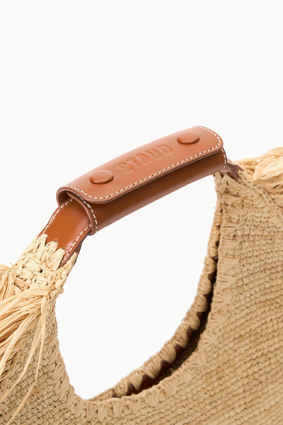 STAUD Moon Raffia Tote Bag with Natural Fringe & Leather Handle