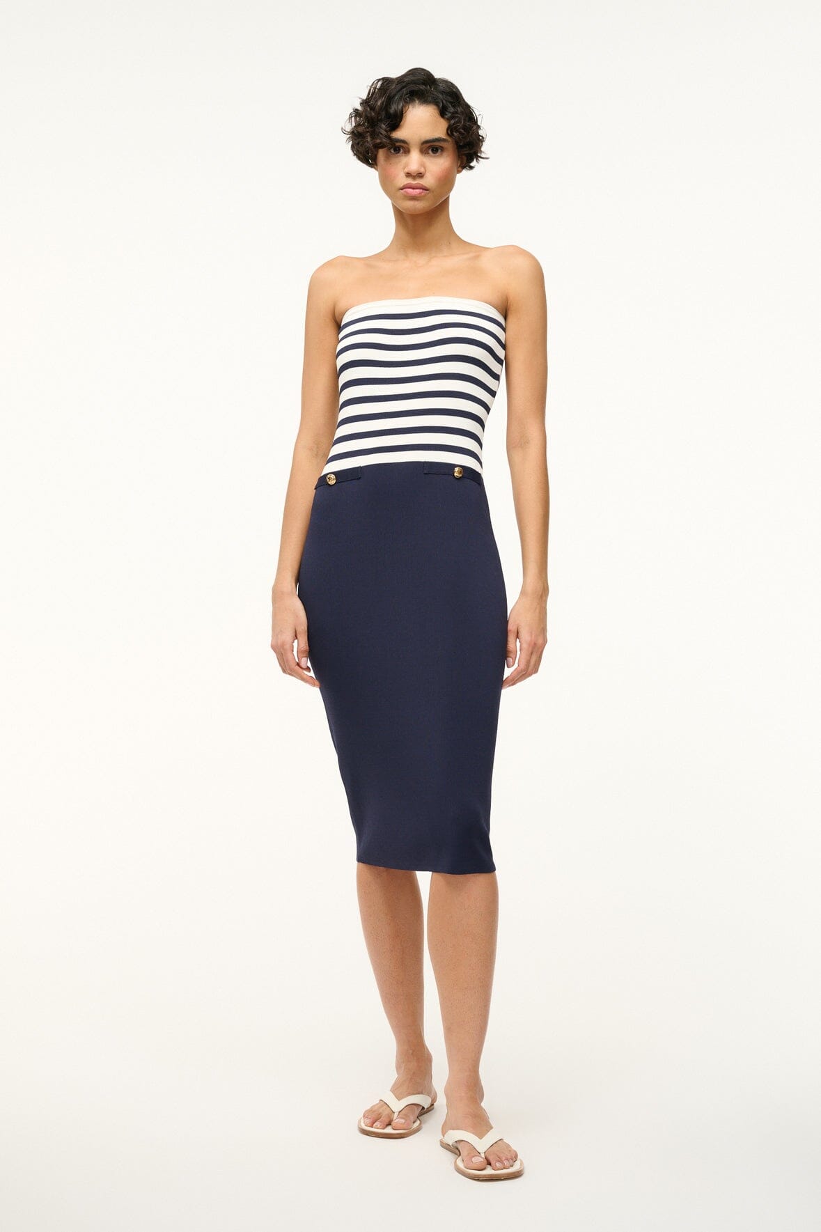 Strapless Navy & White Striped Knit Dress with Gold Buttons