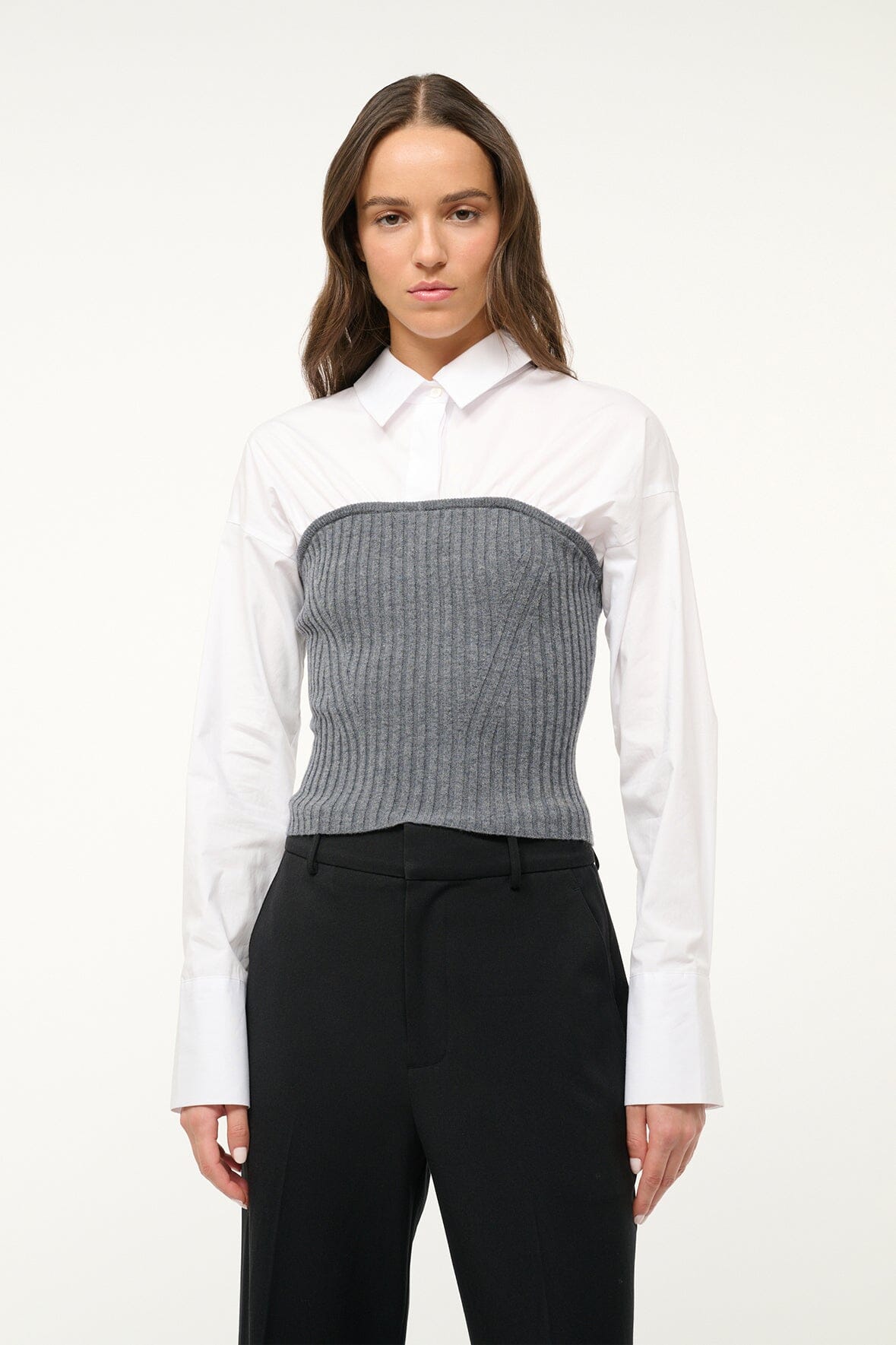 O'Keefe Knit & Poplin Sweater Top in Charcoal White