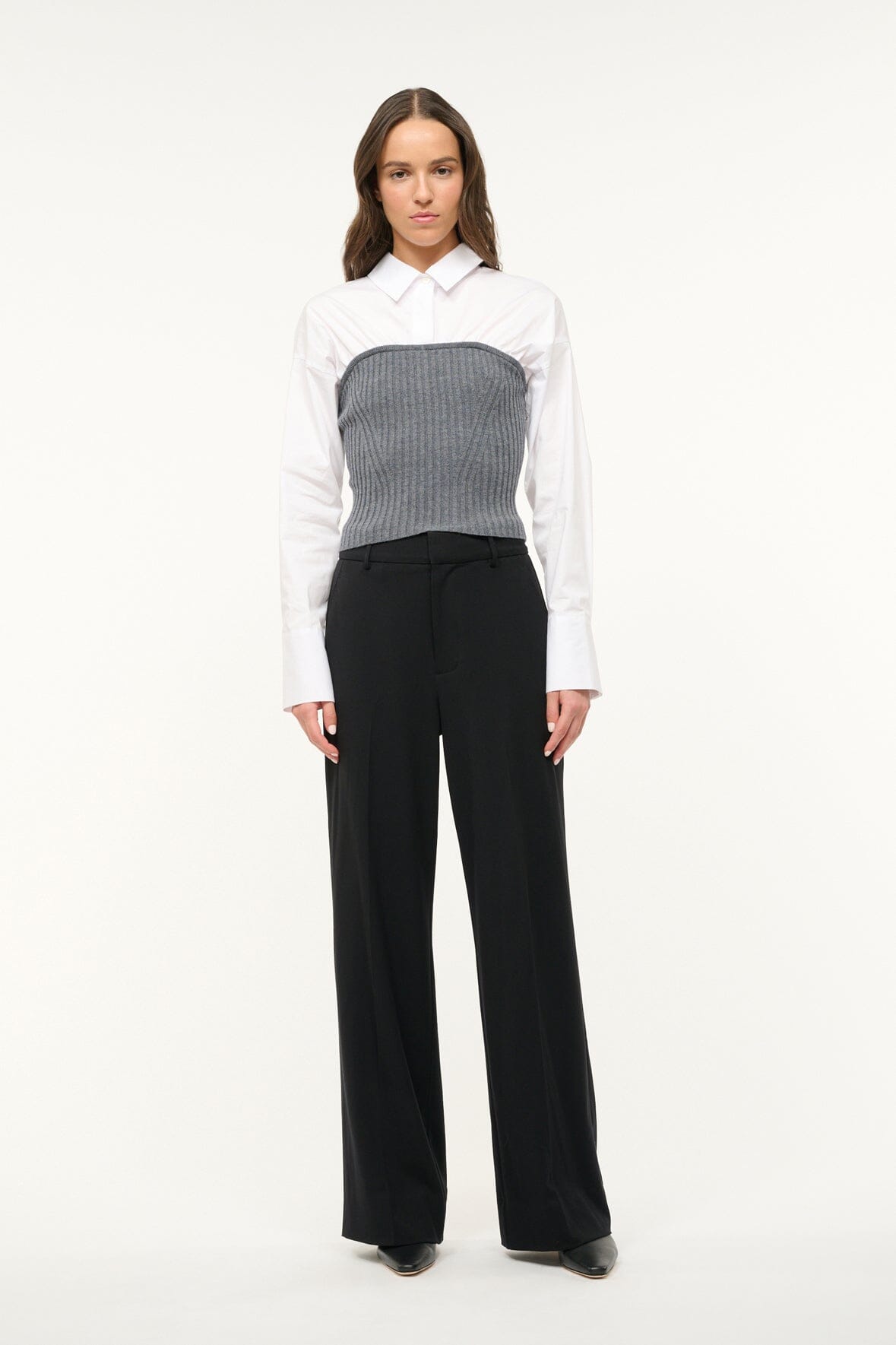 O'Keefe Knit & Poplin Sweater Top in Charcoal White