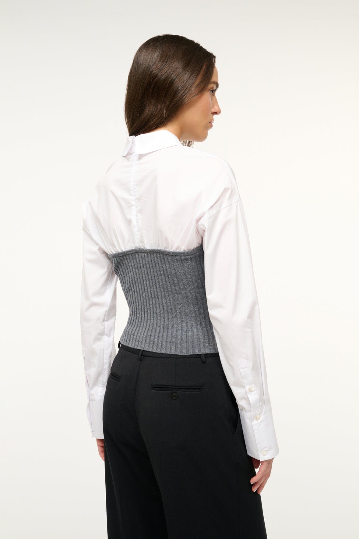 O'Keefe Knit & Poplin Sweater Top in Charcoal White