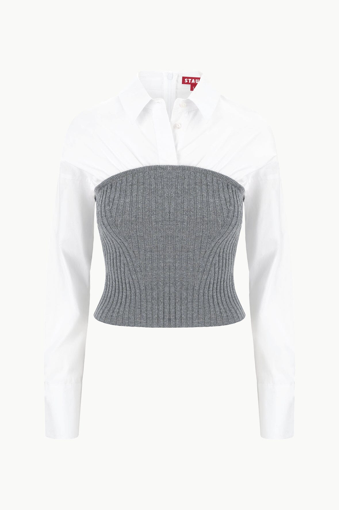 O'Keefe Knit & Poplin Sweater Top in Charcoal White