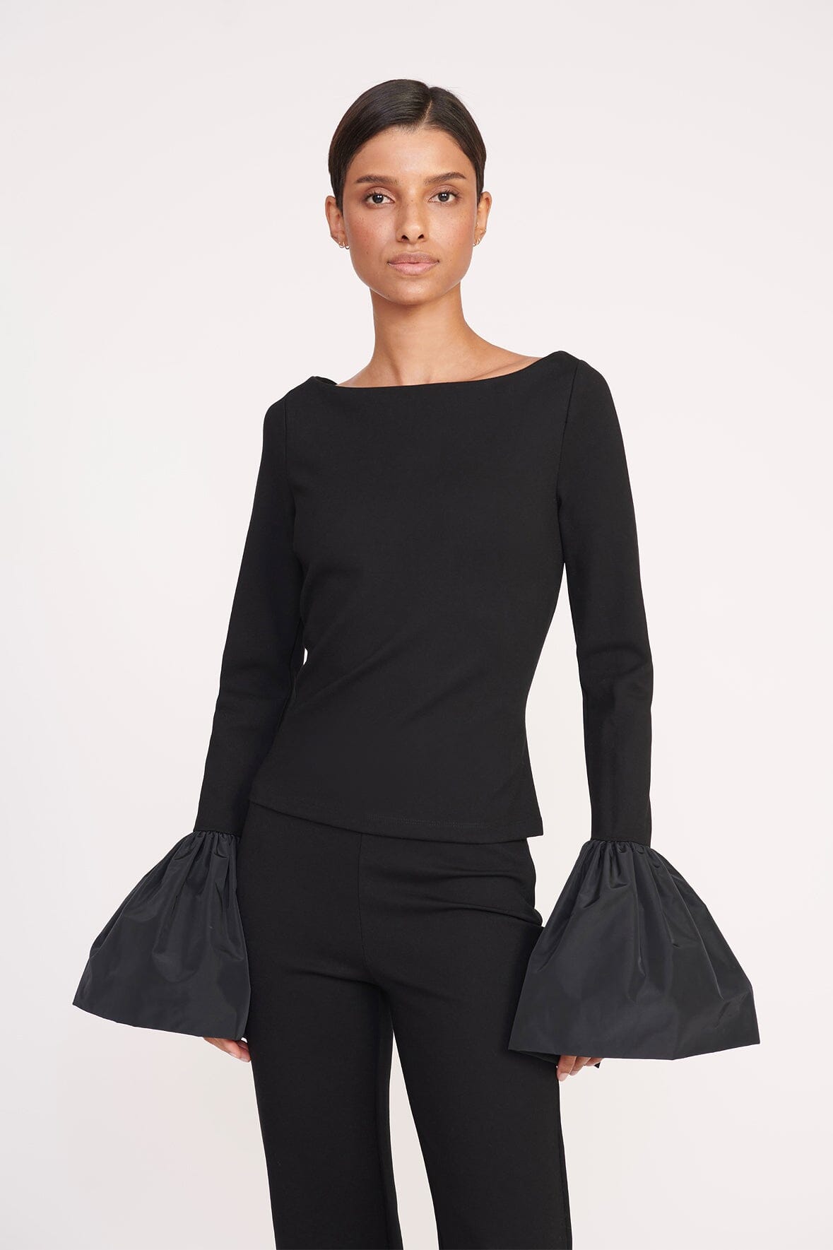 Paige Black Ponte Blouse with Taffeta Bell Cuffs