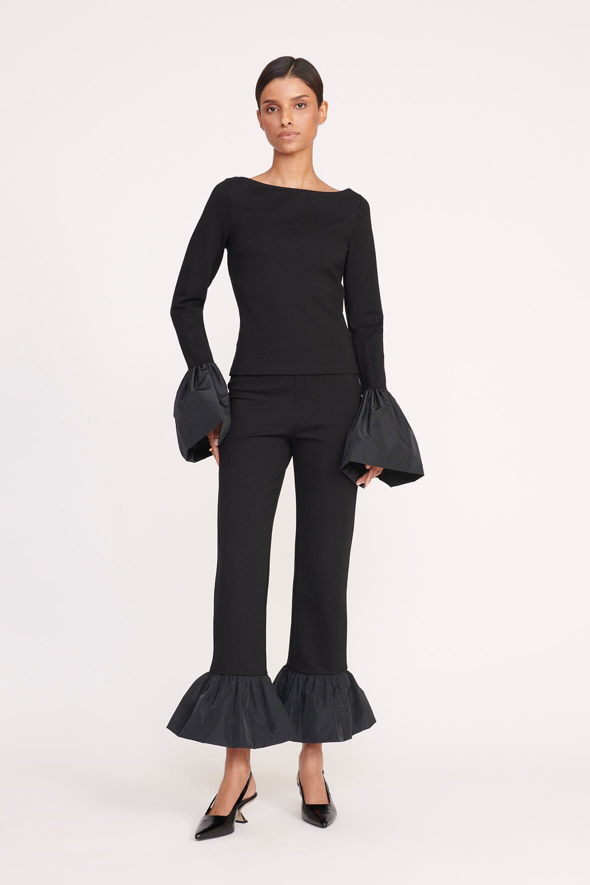Paige Black Ponte Blouse with Taffeta Bell Cuffs