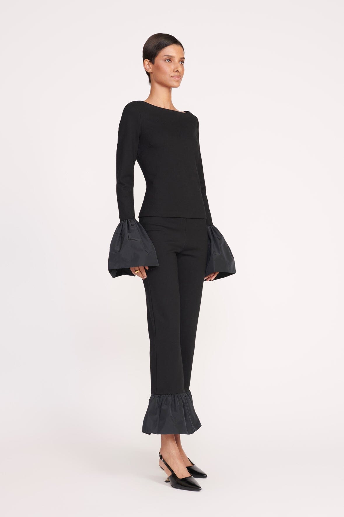 Paige Black Ponte Blouse with Taffeta Bell Cuffs