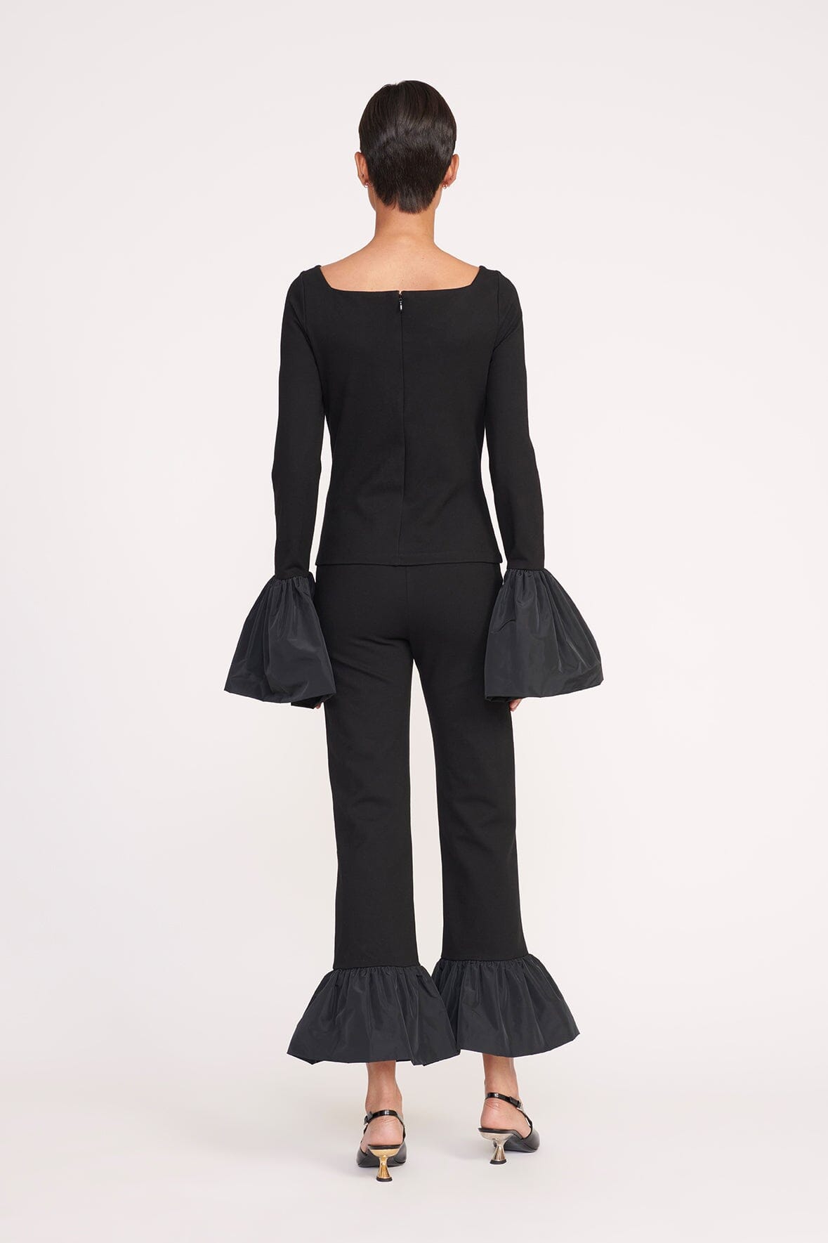 Paige Black Ponte Blouse with Taffeta Bell Cuffs