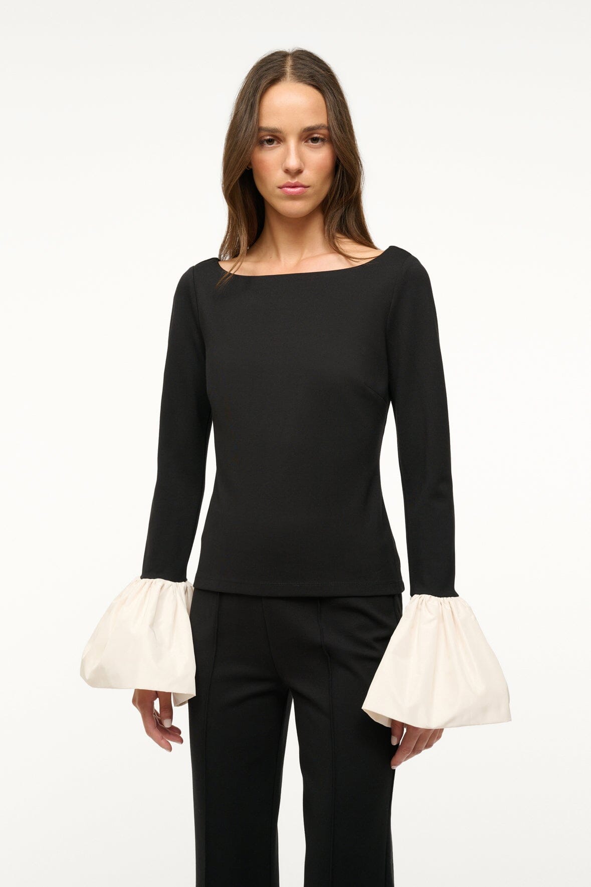 Paige Ponte Top with Organza Cuffs - Black Ivory