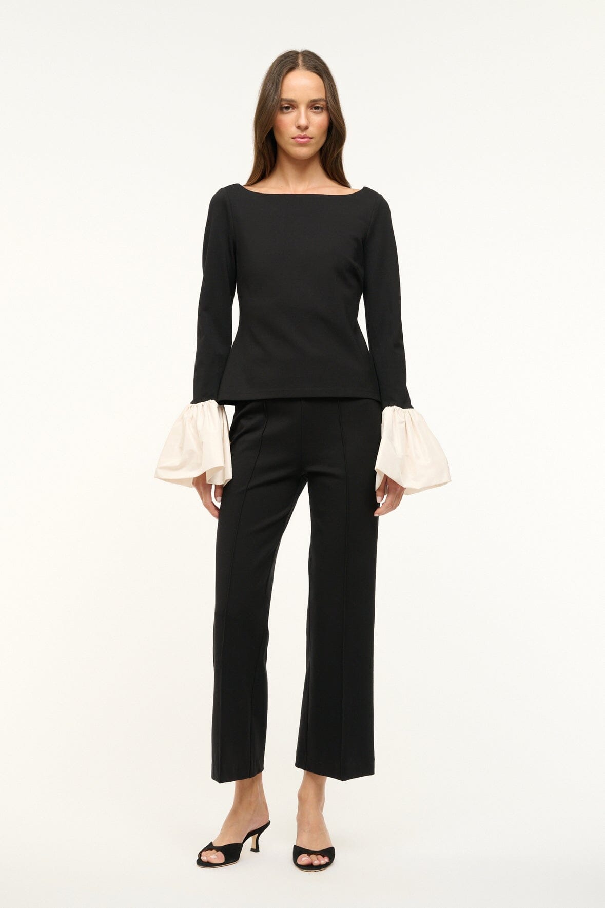 Paige Ponte Top with Organza Cuffs - Black Ivory