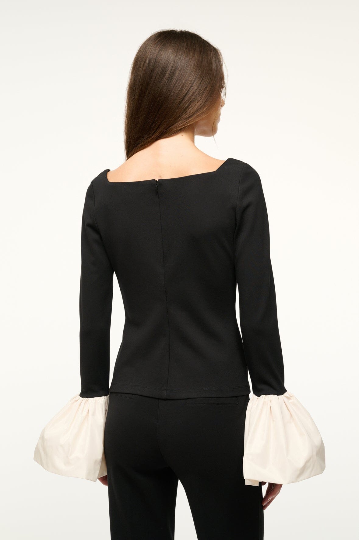 Paige Ponte Top with Organza Cuffs - Black Ivory