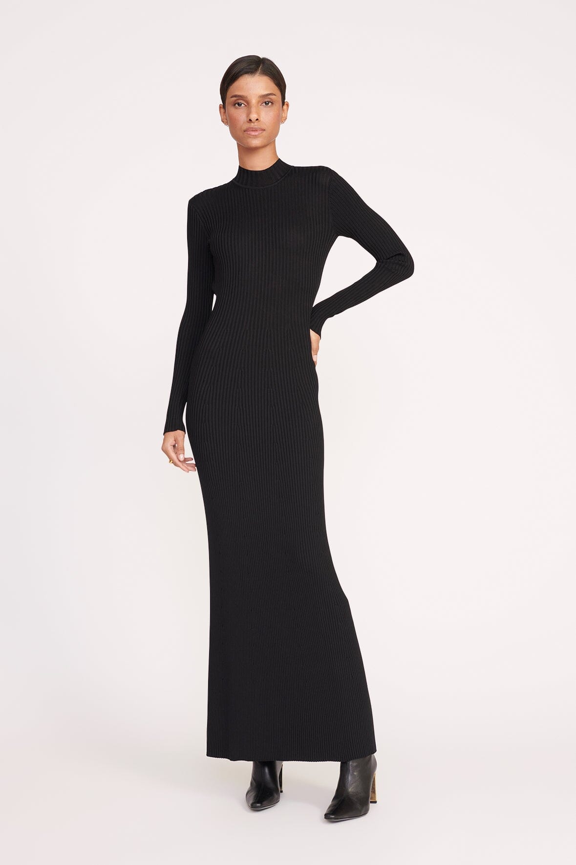 Palmira Black Rib Knit Mock Neck Dress with Open Back