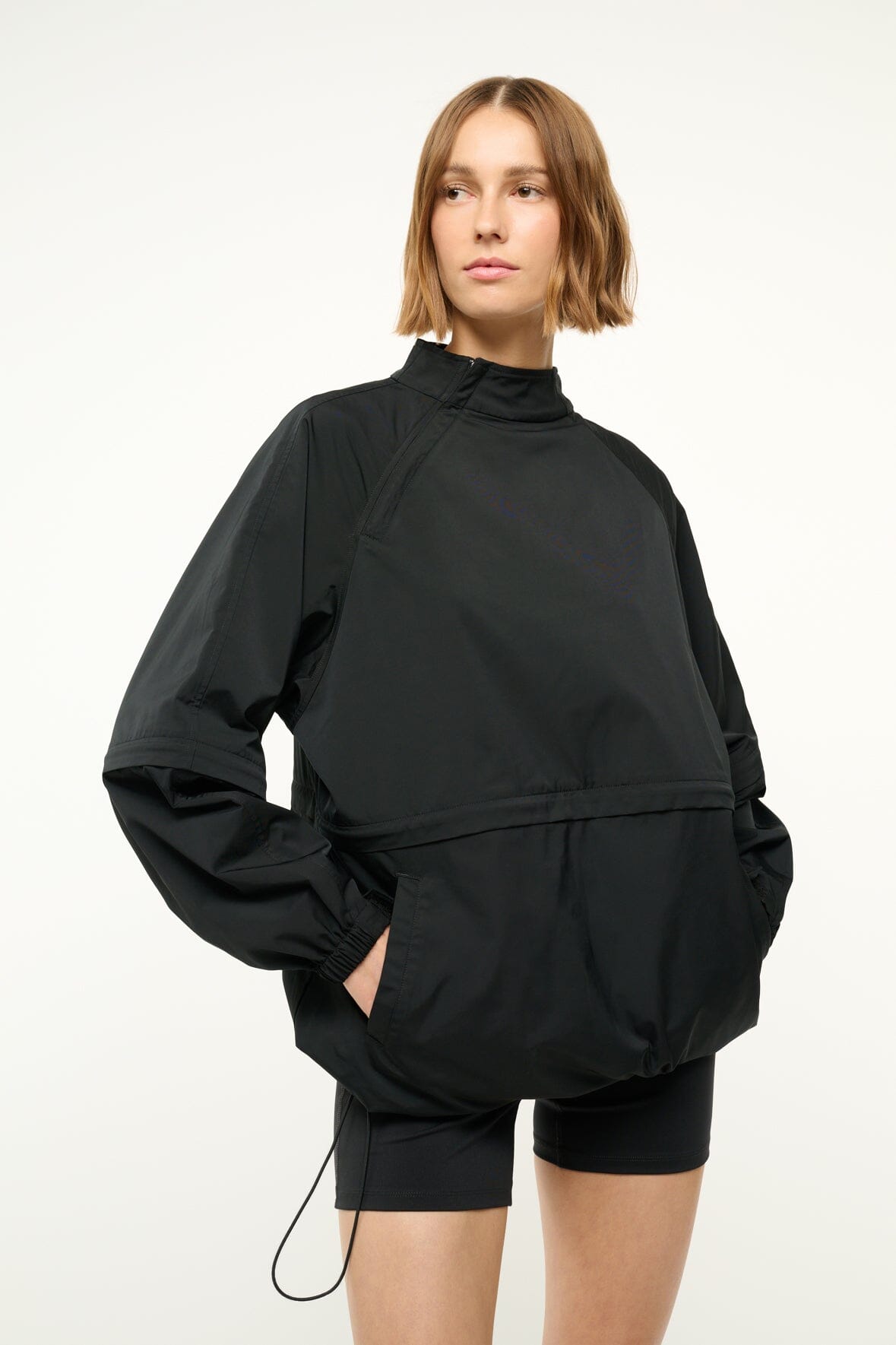 Convertible Nylon Peak Anorak Jacket with Zip-Off Sleeves – Black