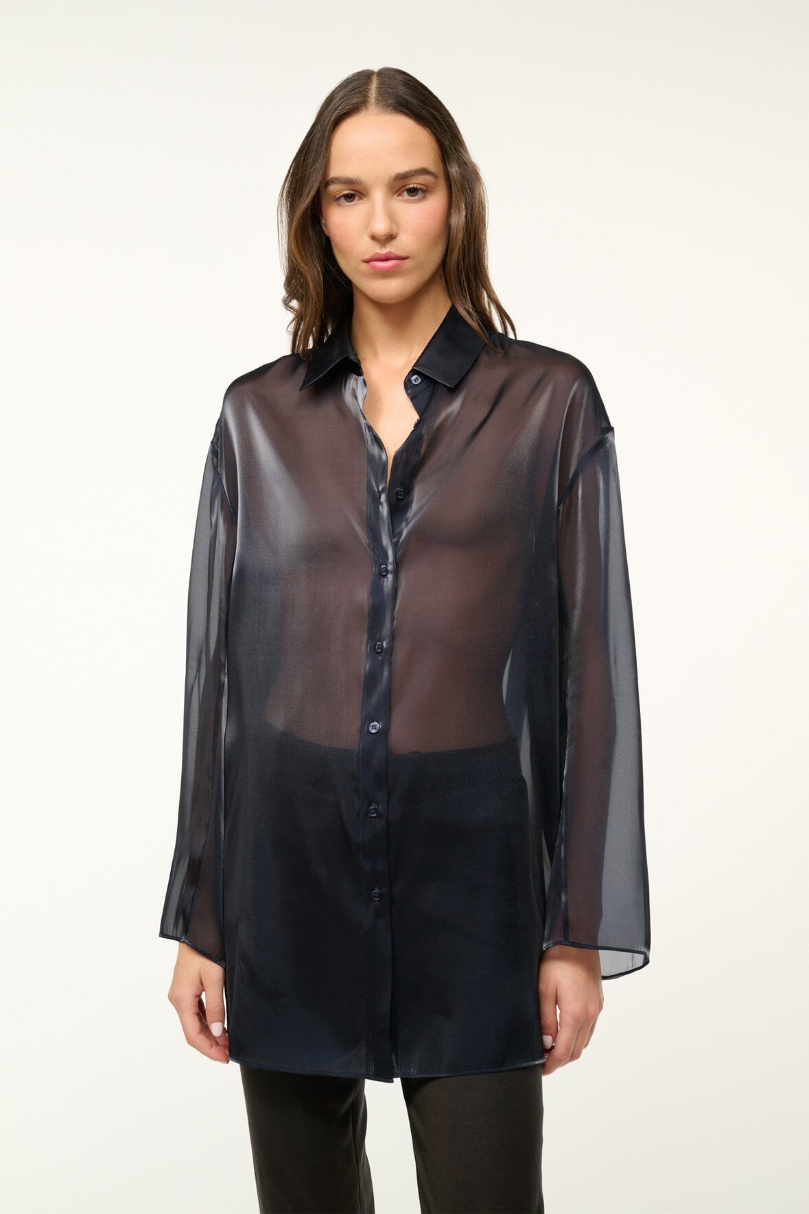 Allen Organza Collared Tunic Top in Midnight Blue