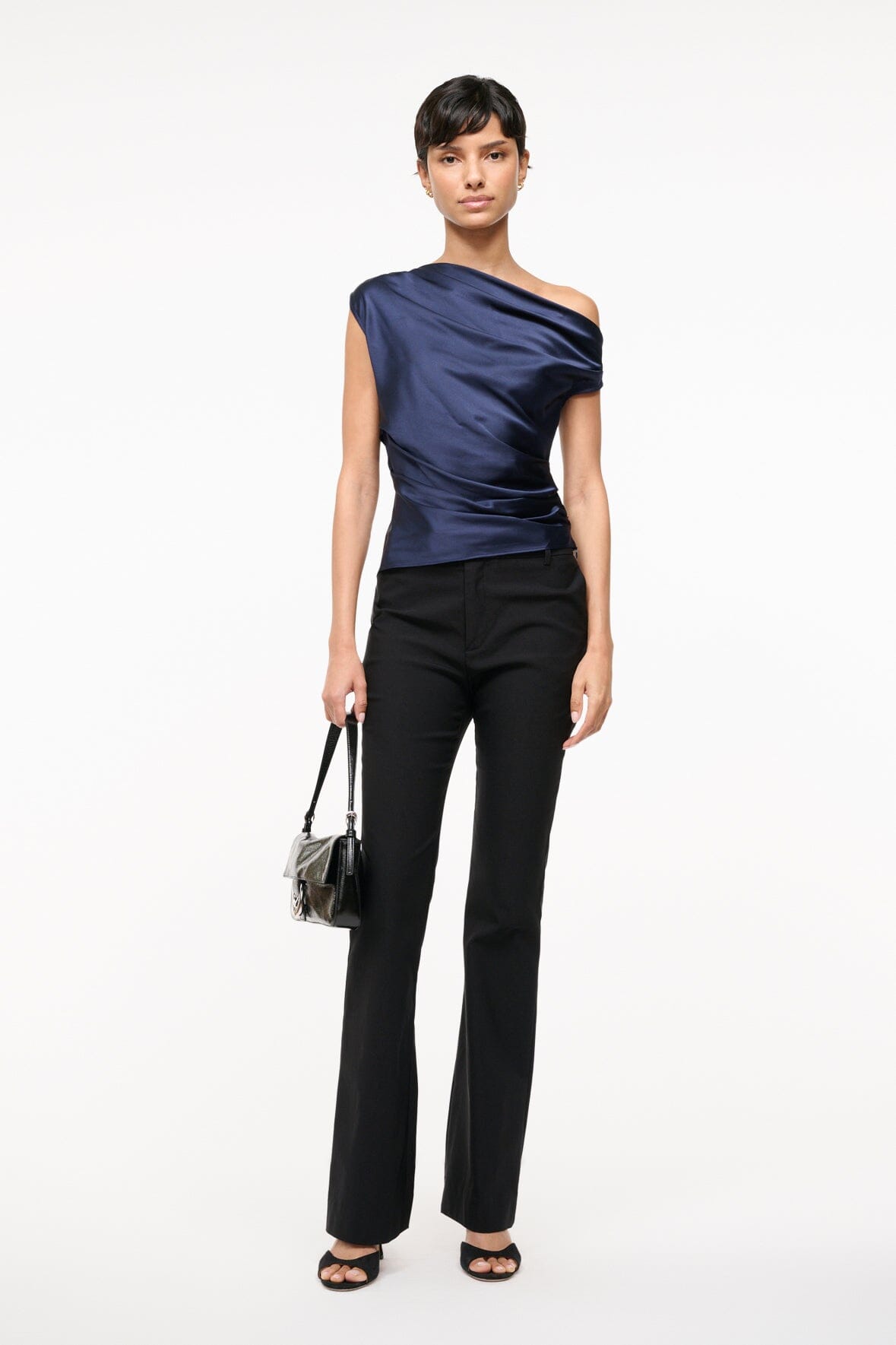 Silk Satin Off-the-Shoulder Phare Top in Navy