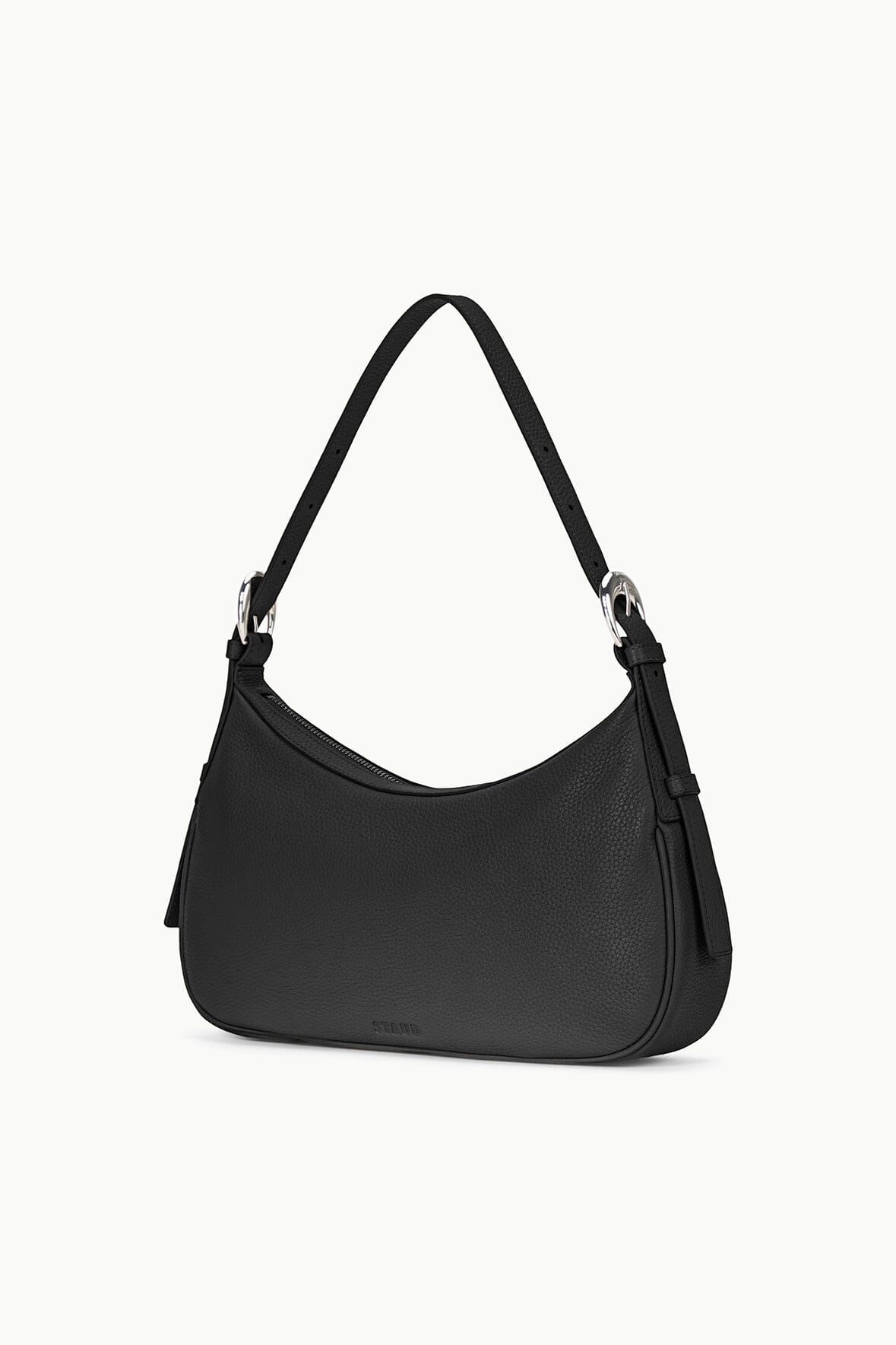 Pebbled Leather Pine Shoulder Bag with Adjustable Strap - Black