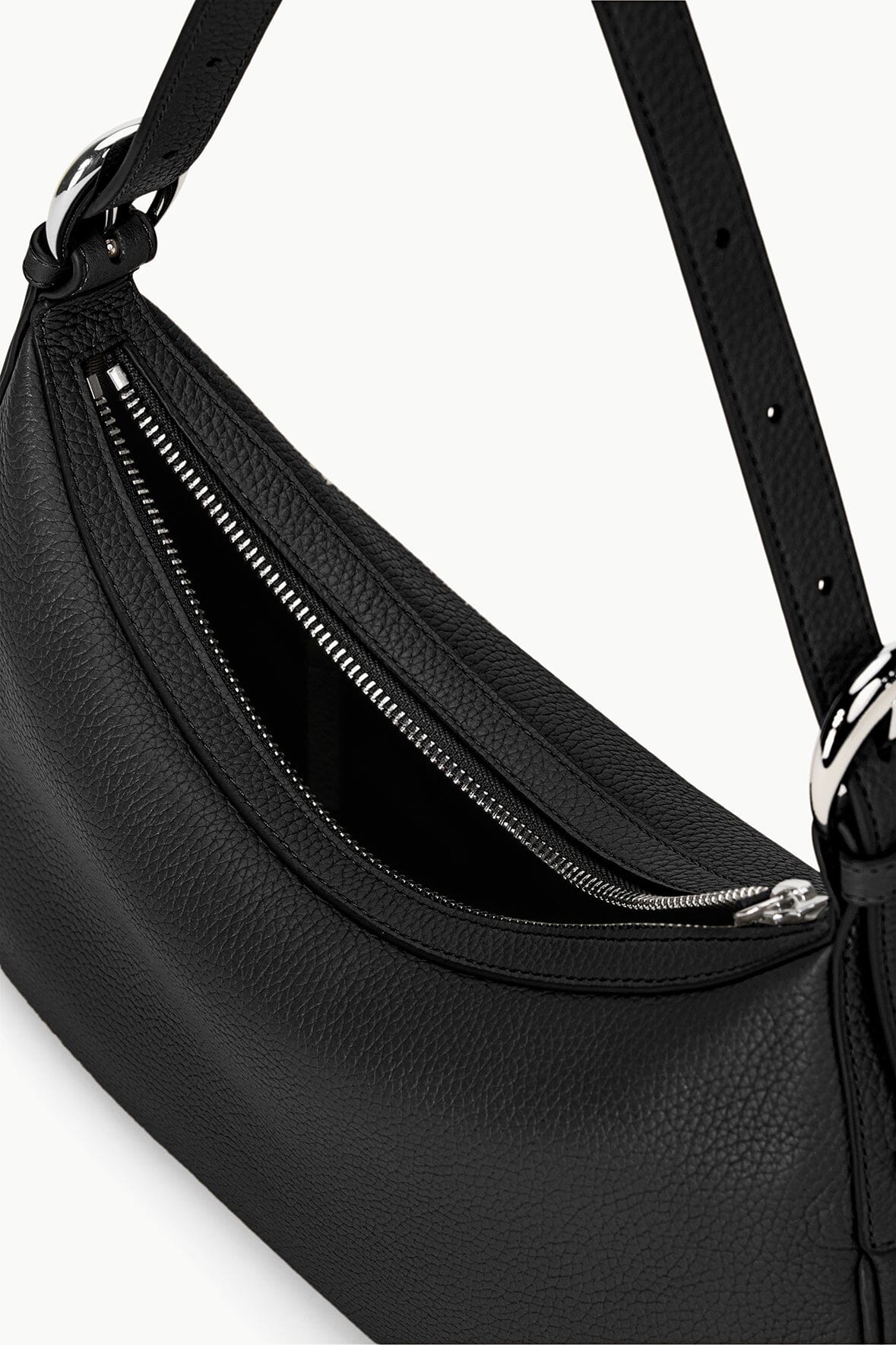 Pebbled Leather Pine Shoulder Bag with Adjustable Strap - Black