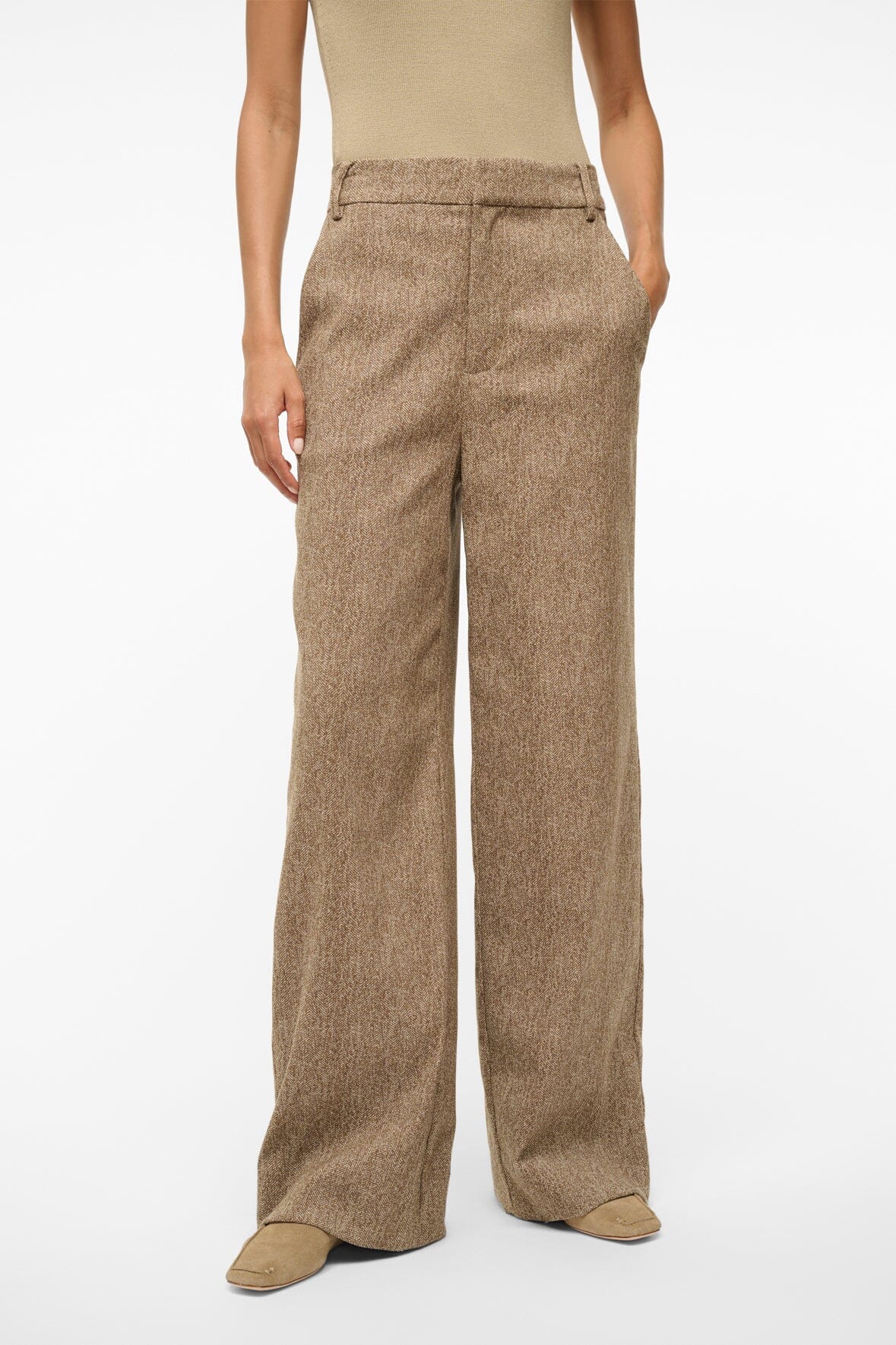 Prince Herringbone Wide Leg Pants in Mocha | Flat Front & Welt Pockets