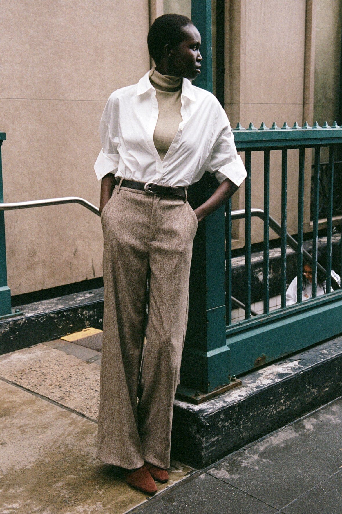 Prince Herringbone Wide Leg Pants in Mocha | Flat Front & Welt Pockets
