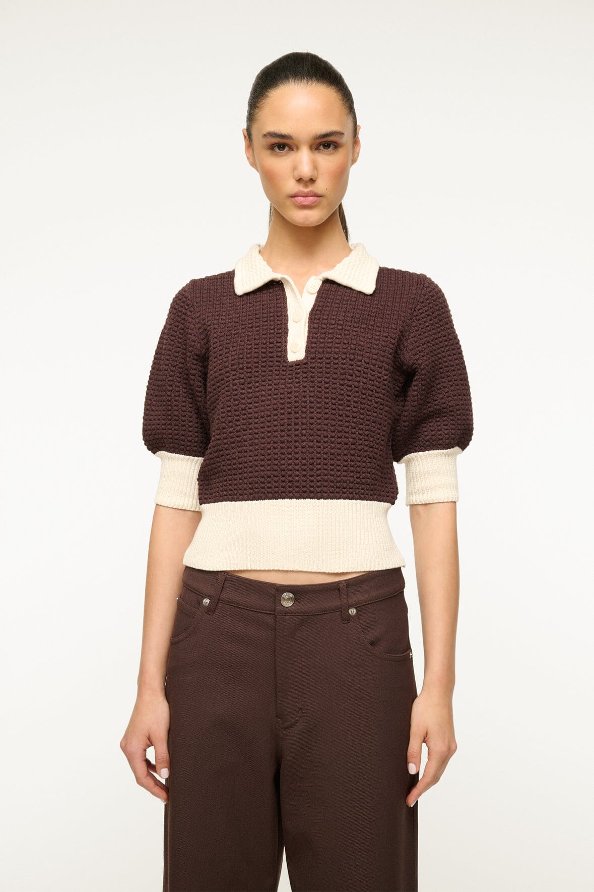 Altea Cotton Waffle Knit Sweater - Dark Chocolate & Ivory Polo Top