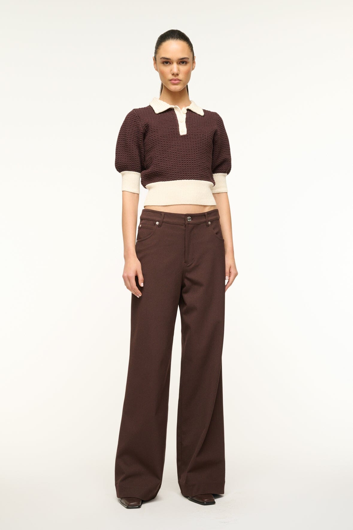 Altea Cotton Waffle Knit Sweater - Dark Chocolate & Ivory Polo Top