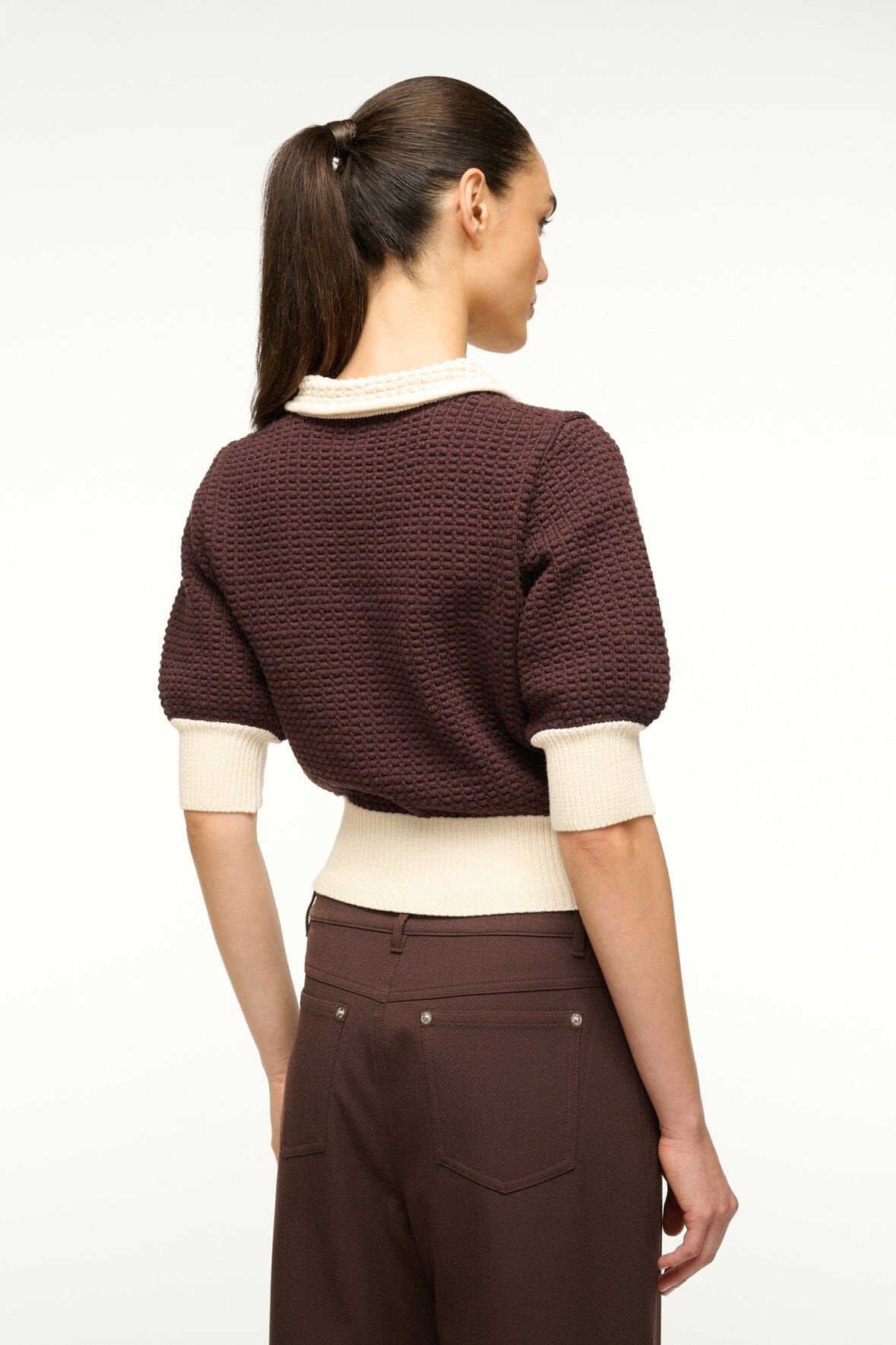 Altea Cotton Waffle Knit Sweater - Dark Chocolate & Ivory Polo Top