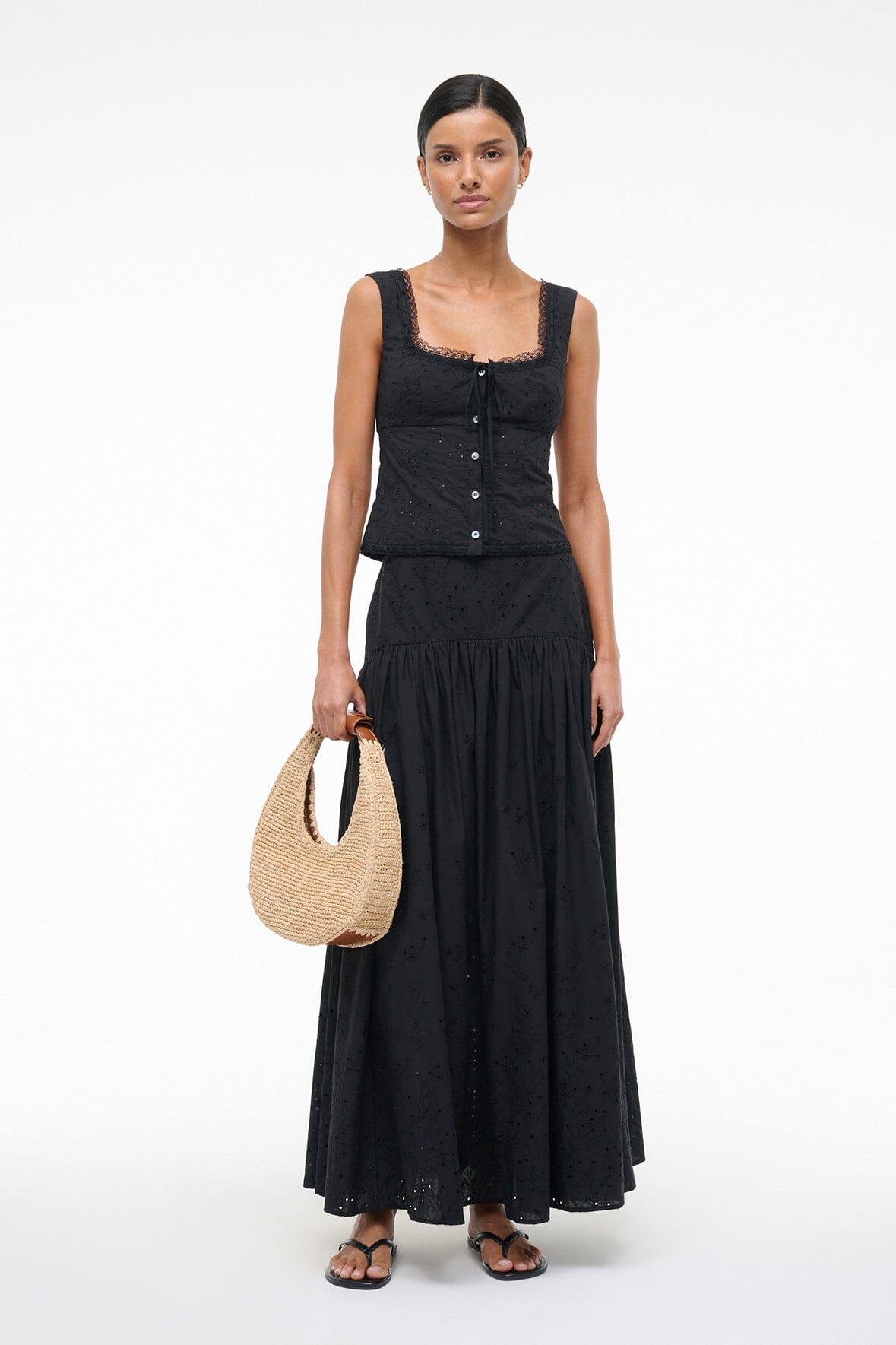 Procida Cotton Eyelet Maxi Skirt with Hidden Zipper - Black