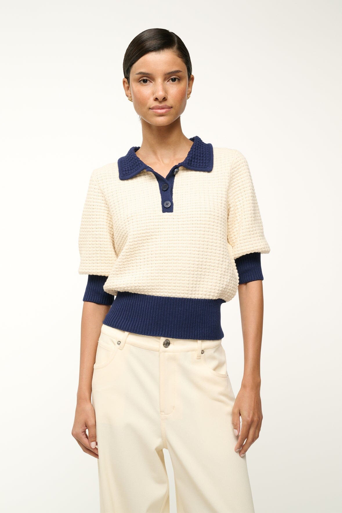 Altea Cotton Waffle Knit Sweater with Contrast Trim - Ivory Navy
