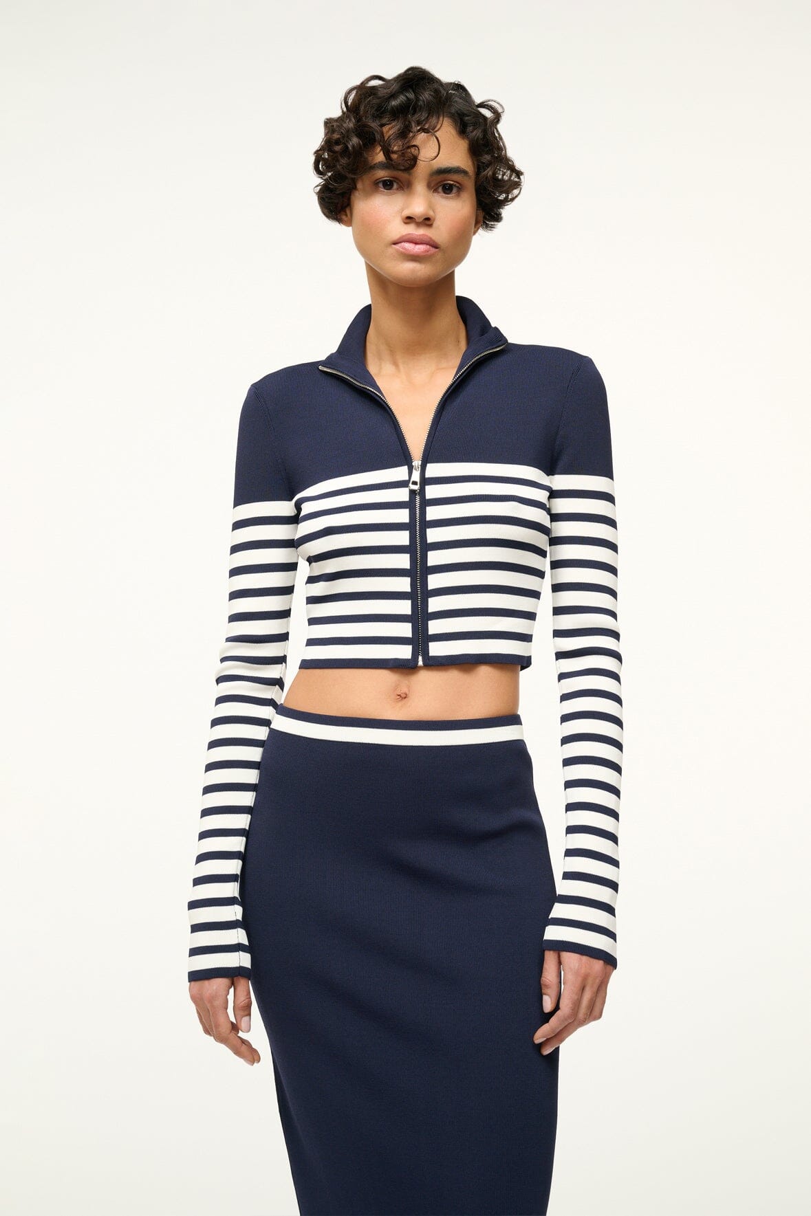 Navy & White Striped Fitted Knit Top with Front Zipper