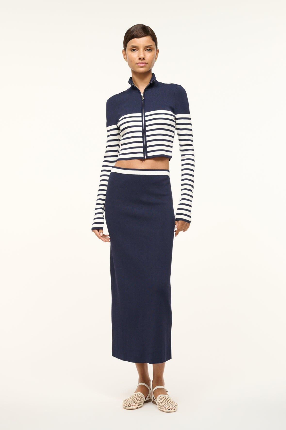 Navy & White Striped Fitted Knit Top with Front Zipper