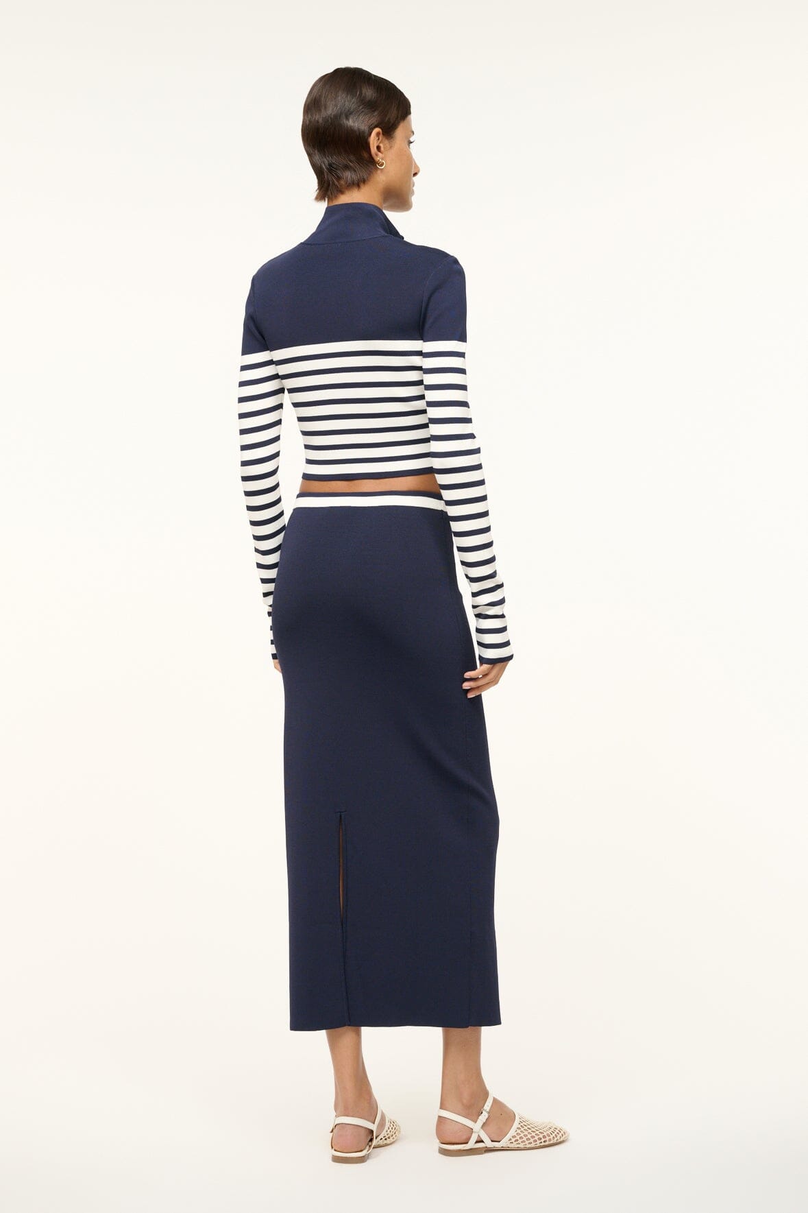 Navy & White Striped Fitted Knit Top with Front Zipper