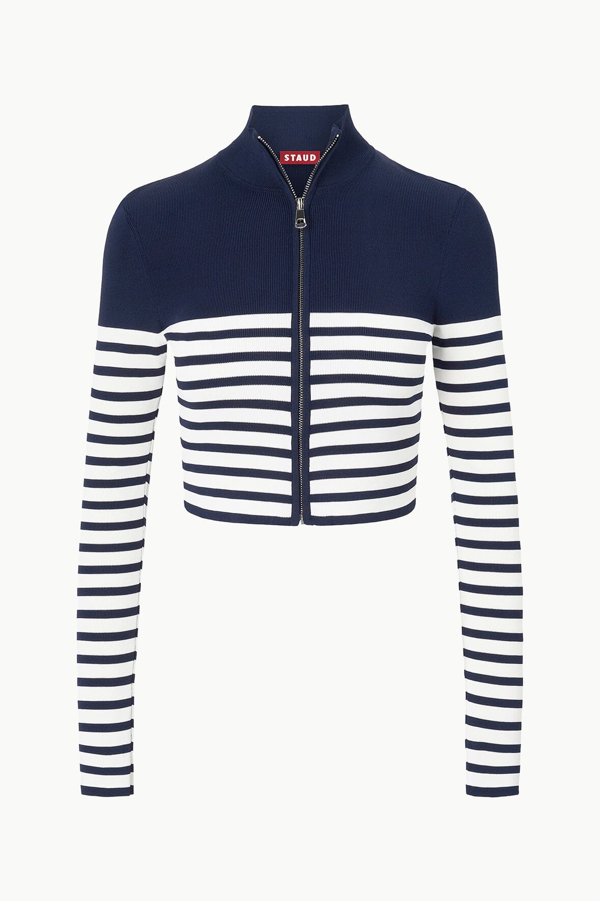 Navy & White Striped Fitted Knit Top with Front Zipper