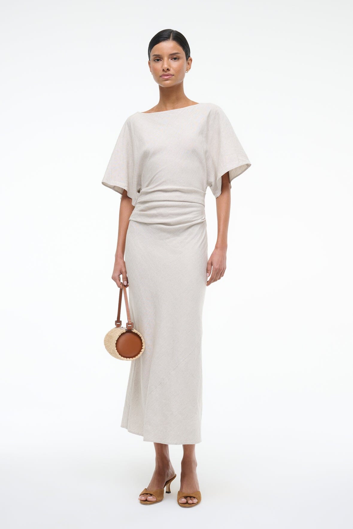 Amelie Linen Midi Dress with Boat Neck & Dolman Sleeves