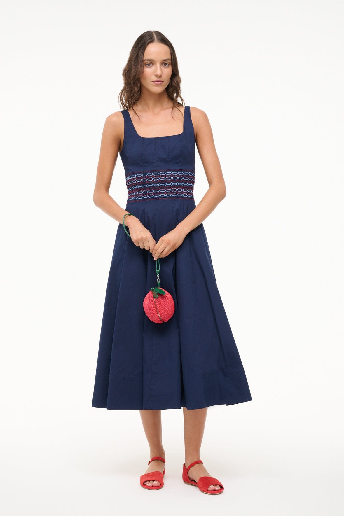 Navy Cotton Poplin Rig Dress with Embroidered Waist