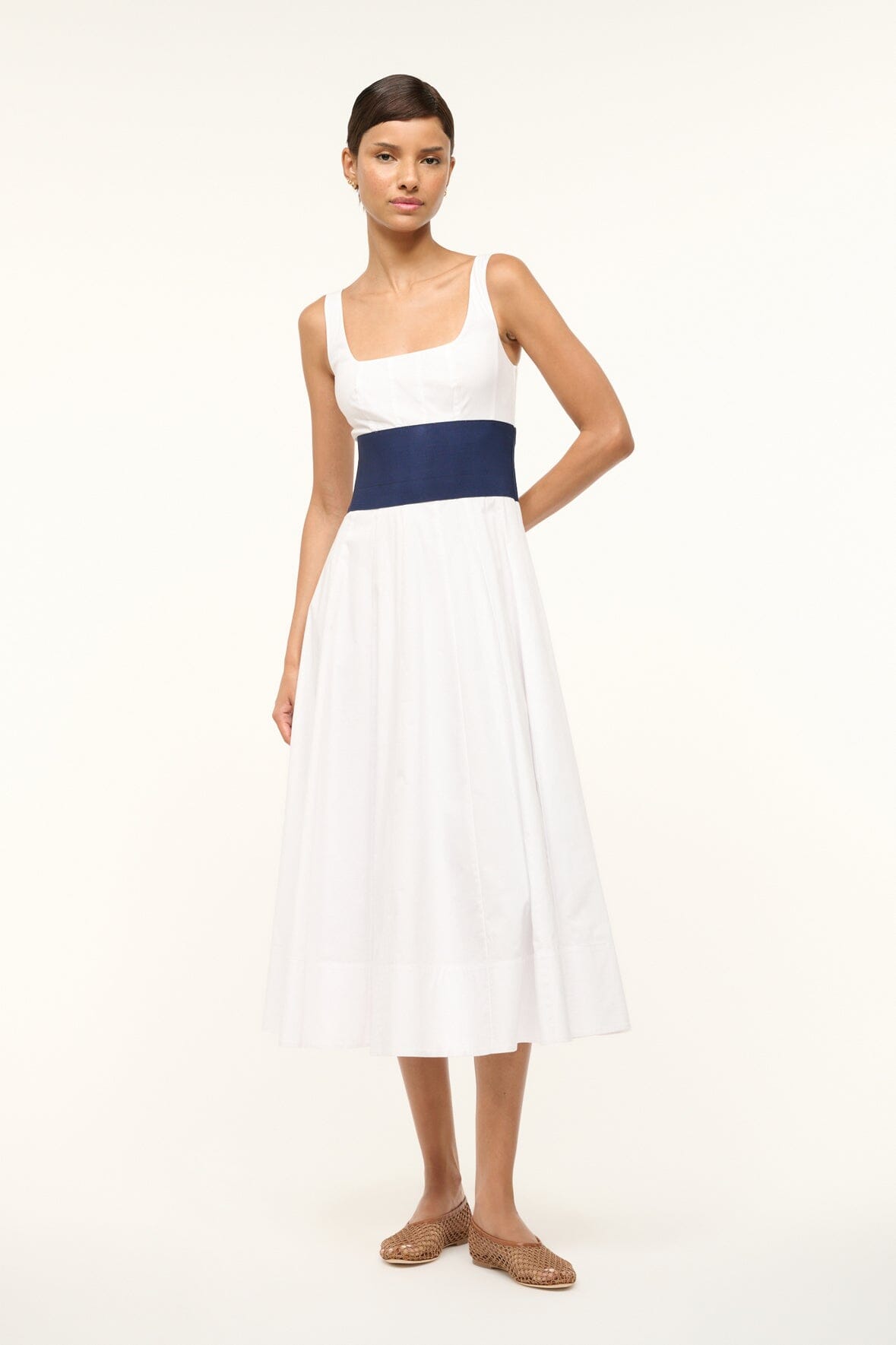 Rig Dress with Elastic Waistband - White Navy Cotton Poplin