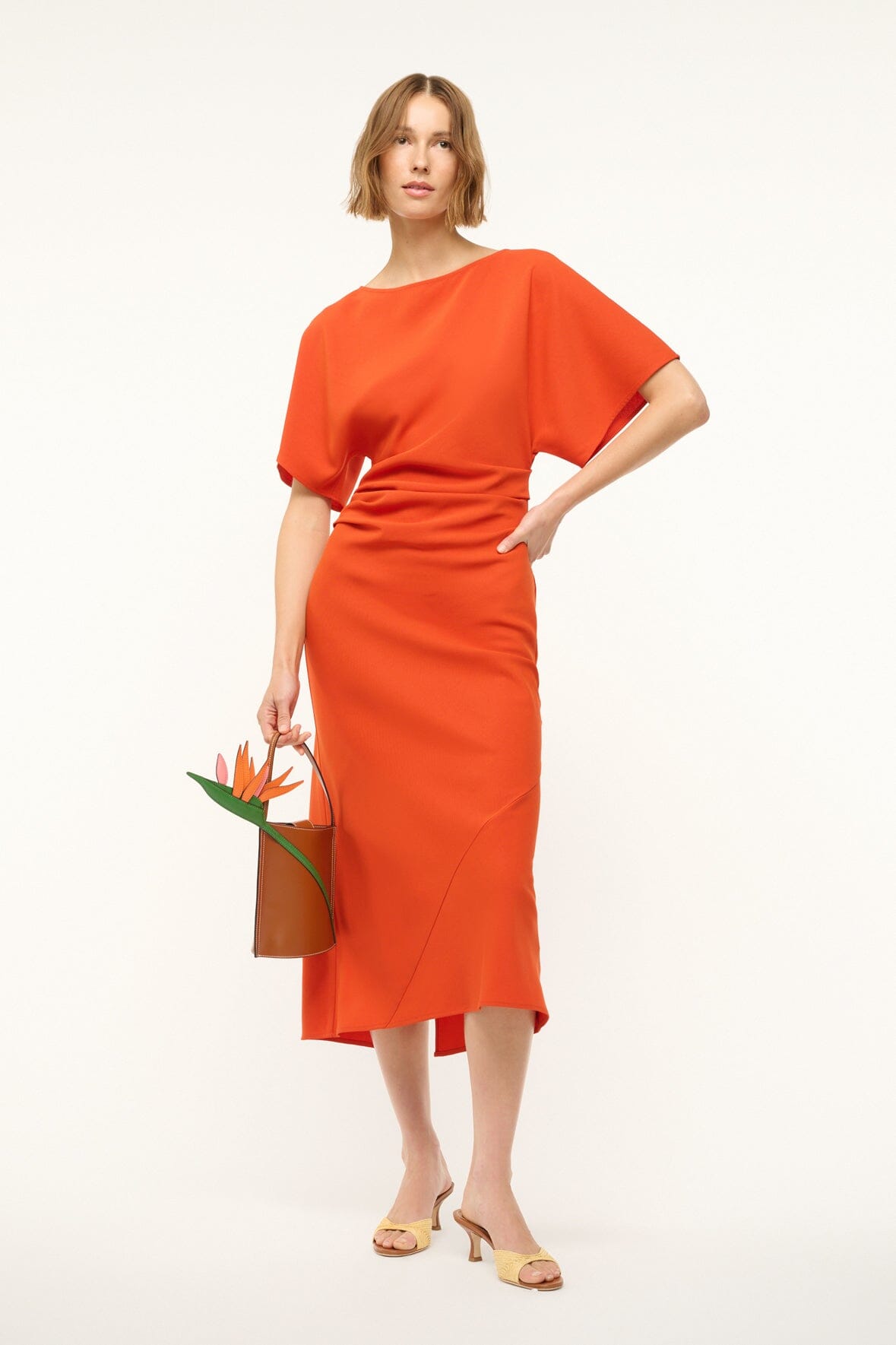Amelie Boat Neck Midi Dress with Ruching - Cayenne