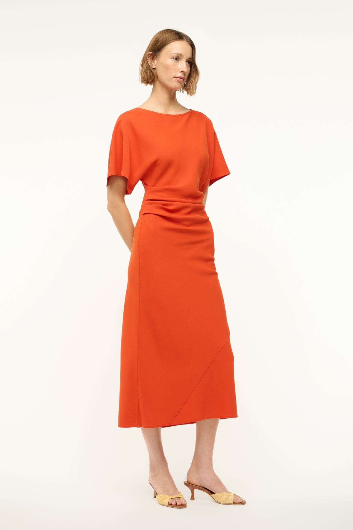 Amelie Boat Neck Midi Dress with Ruching - Cayenne