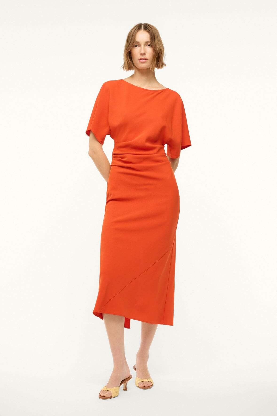 Amelie Boat Neck Midi Dress with Ruching - Cayenne
