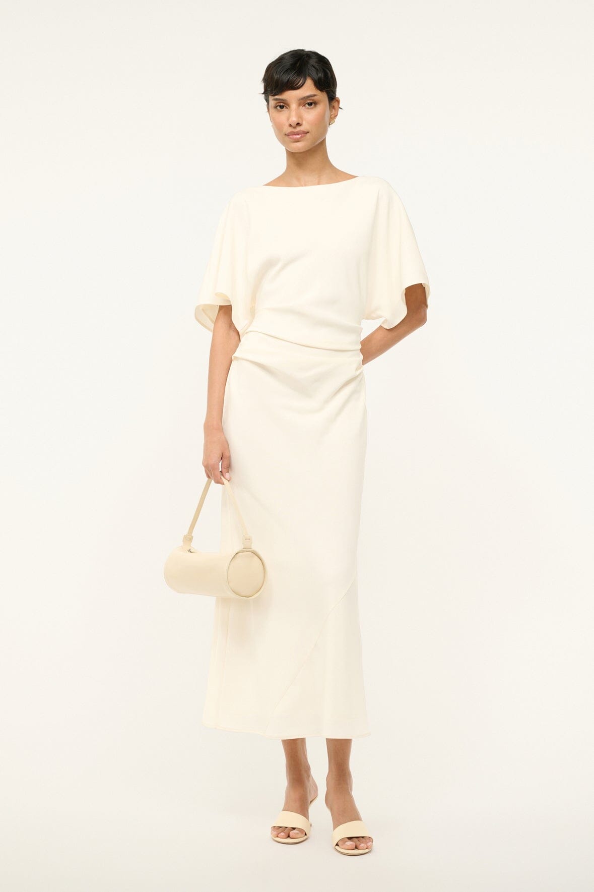 Amelie Ivory Midi Dress with Boat Neck & Ruching