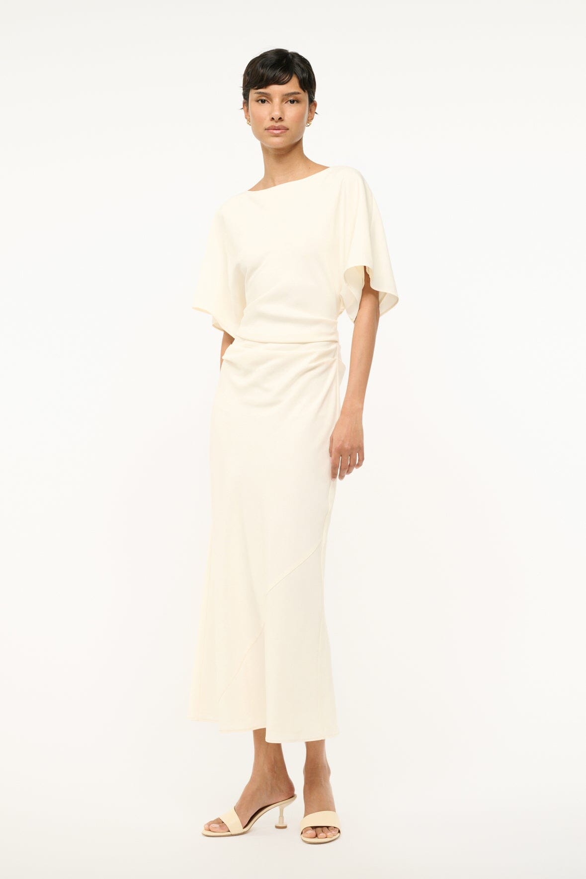 Amelie Ivory Midi Dress with Boat Neck & Ruching
