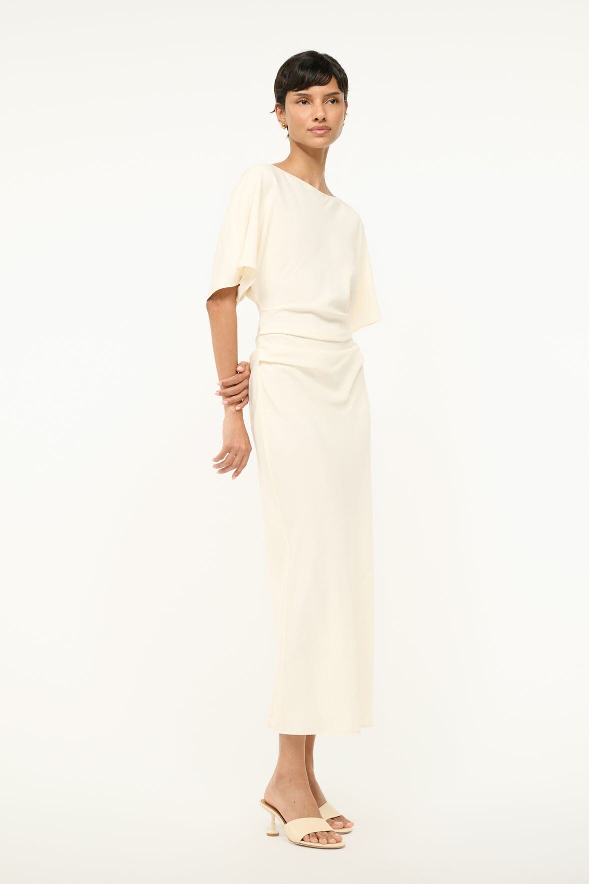Amelie Ivory Midi Dress with Boat Neck & Ruching