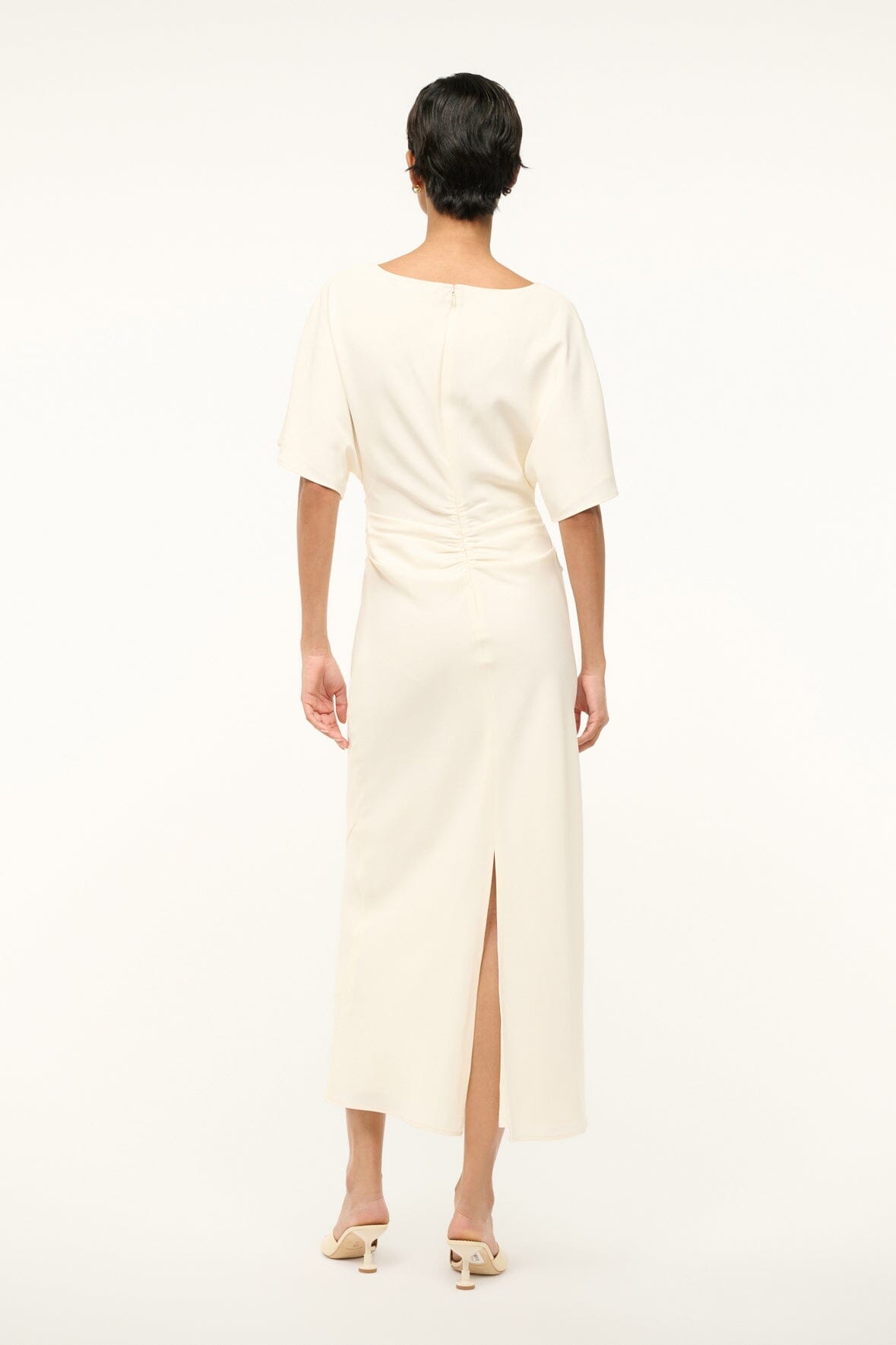 Amelie Ivory Midi Dress with Boat Neck & Ruching