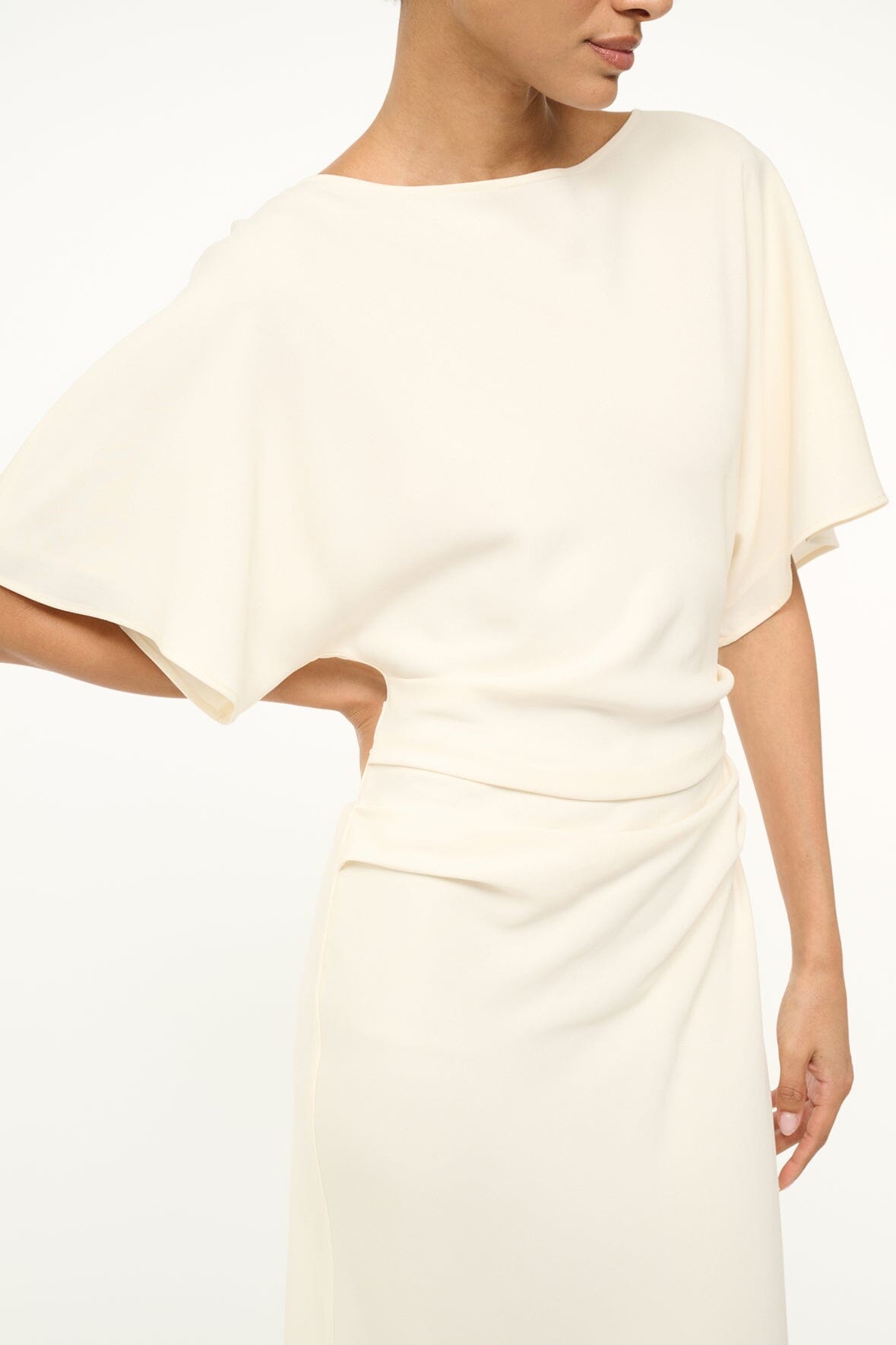 Amelie Ivory Midi Dress with Boat Neck & Ruching